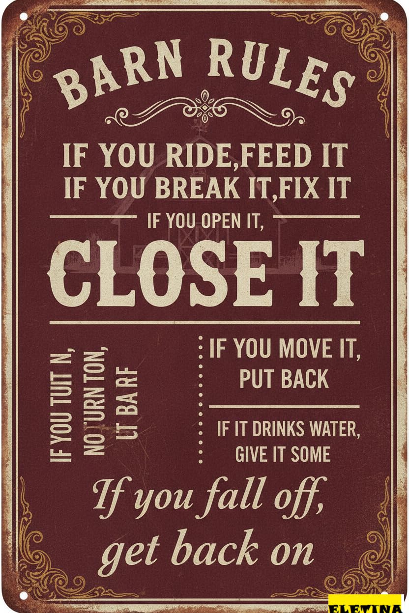 Barn Rules Warning Tin Sign, 8x12 Inch Farm Decor