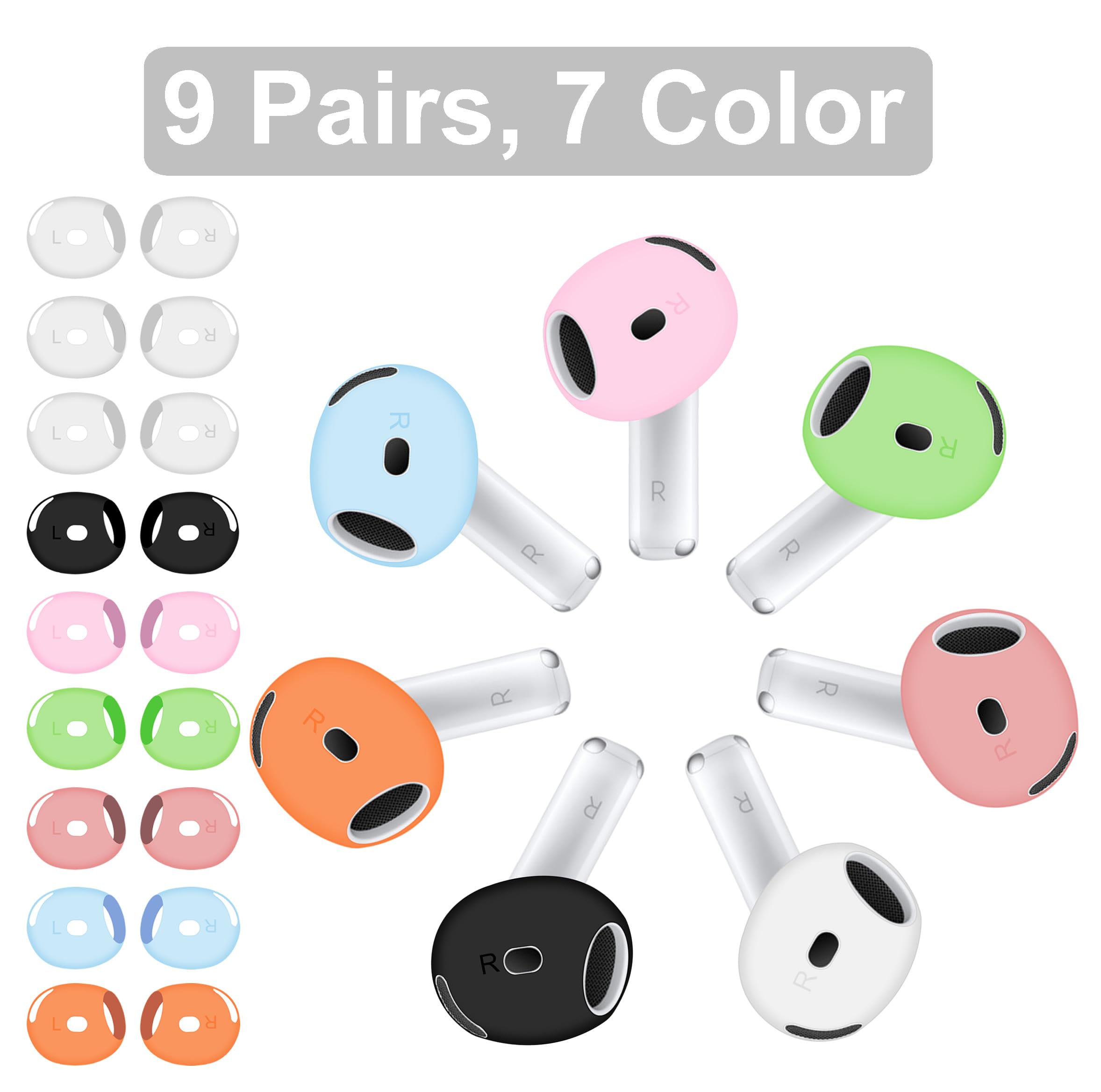 9 pares (caben en la funda) almohadillas compatibles con AirPods 4, almohadillas de silicona ultrafinas de repuesto, accesorios de cubierta de gel compatibles con AirPods 4th 2024, blanco
