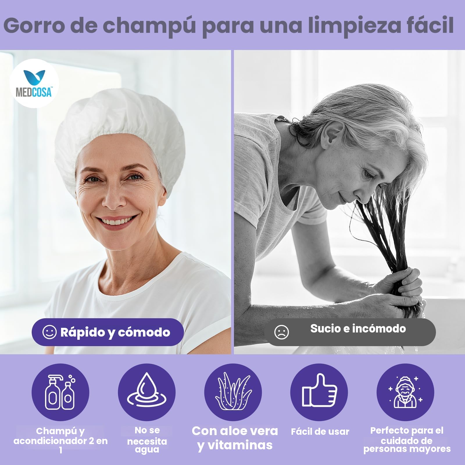 Medcosa Gorro de Champú Sin Aclarado – Lavado en Seco para Ancianos y Personas Encamadas – Gorro de Ducha Rápido y Práctico