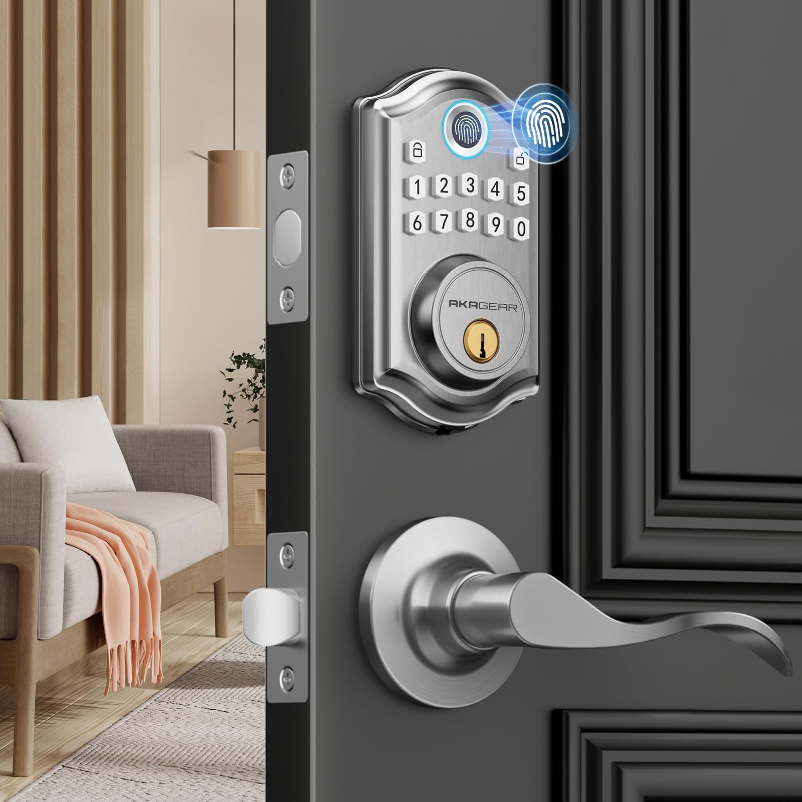 Keyless Entry Door Lock with Handle -2 Lever Handles, Fingerprint Door Lock, Electronic Keypad Deadbolt, 2 Keys, Smart Lock for Front Door, Auto-Lock & One Touch Locking, Easy Installation