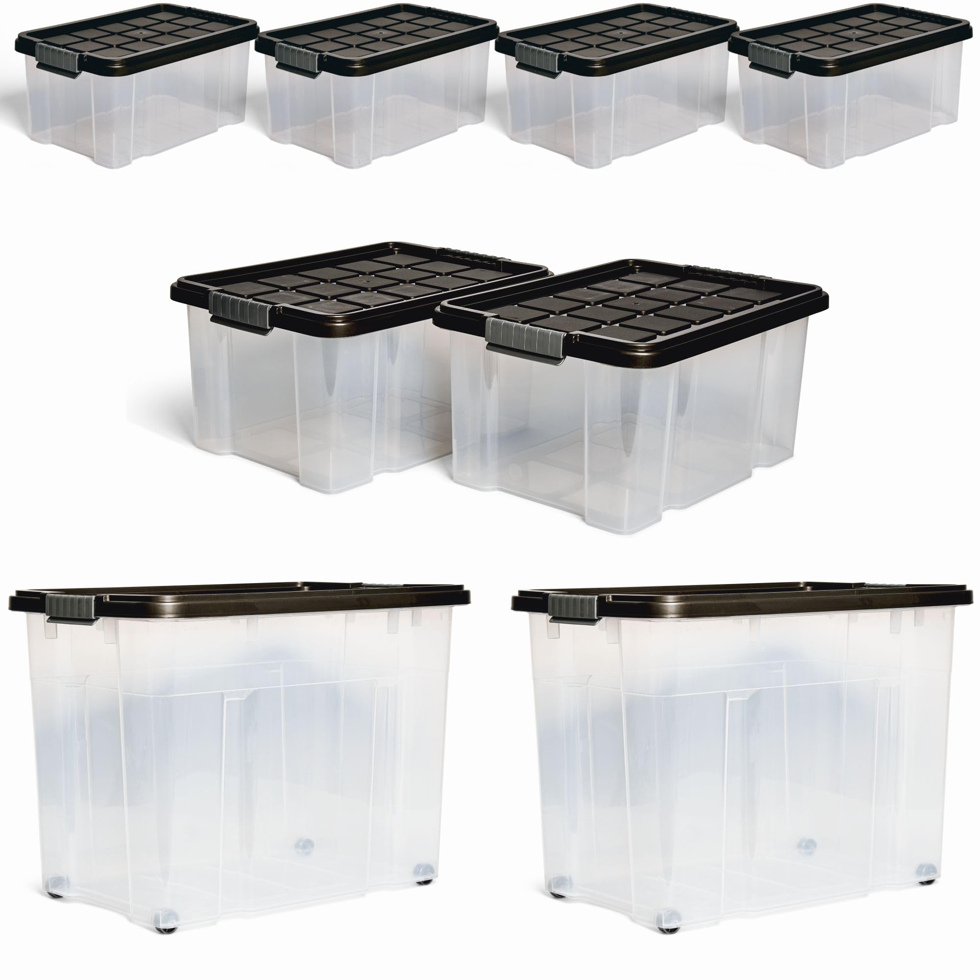 Novaliv - Set di 7 scatole portaoggetti con coperchio, colore antracite, 2 x 80 l, 2 x 15 l, 4 x 5 l, impilabili, con chiusura a clip, senza BPA