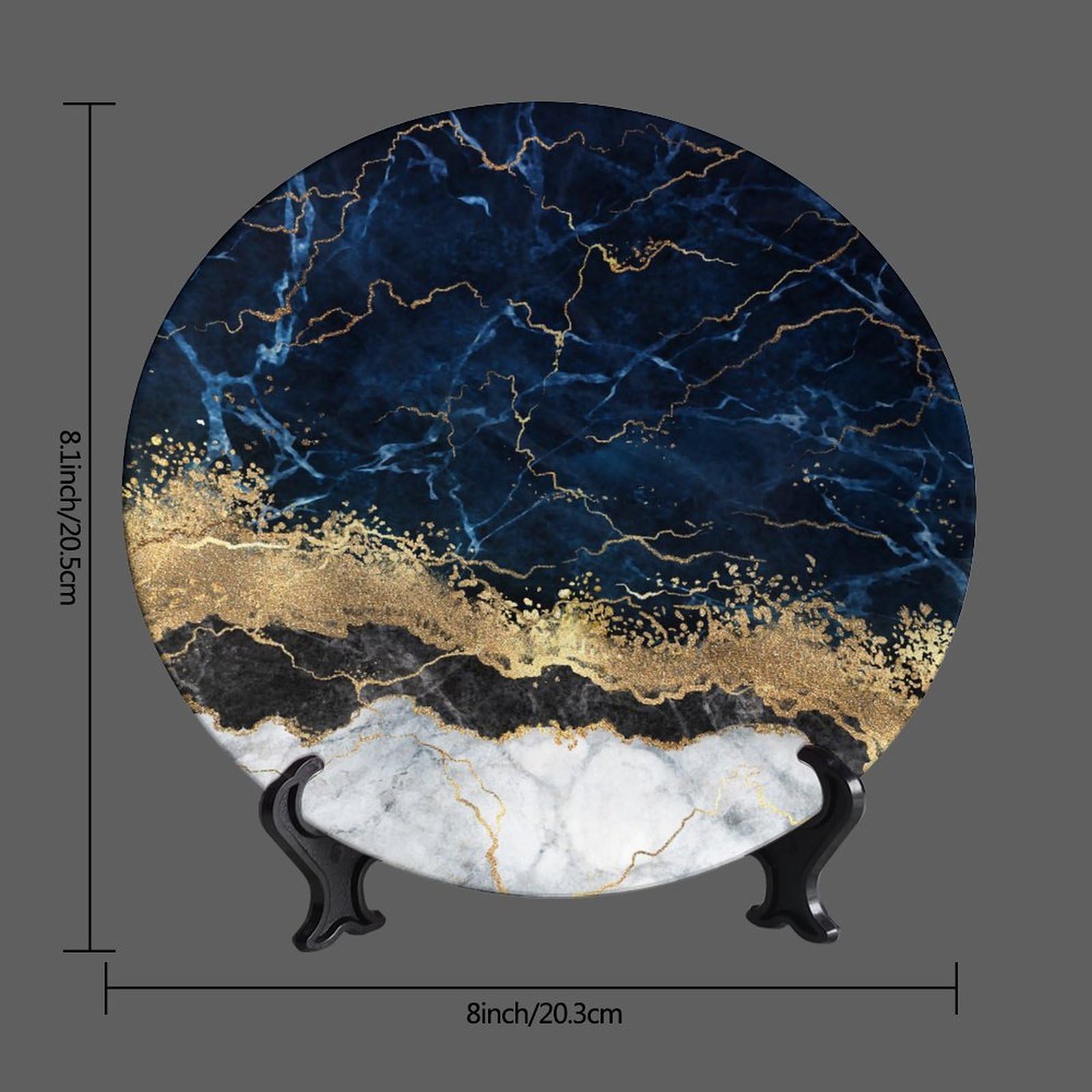 Dekorative Keramikteller, 20,3 cm, abstrakter weißer blauer Marmorhintergrund, runde Displayplatte, Tischplatte, Dekoration mit Ständer, für Wandbehang, Wohnzimmer, Badezimmer, Dekoration,