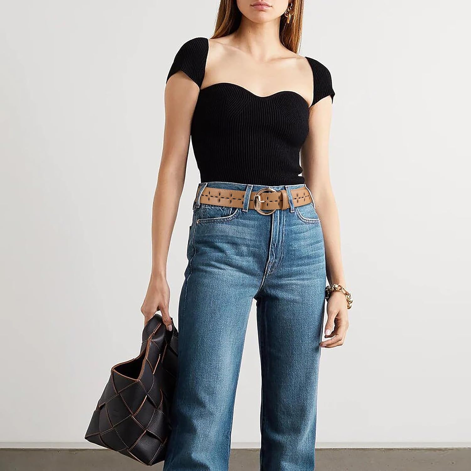 Women's Beige Leather Belt with Gold Buckle Hollow Pattern Women's Belt Stylish Accessory for Dresses, Skirts, and Jeans - Image 6