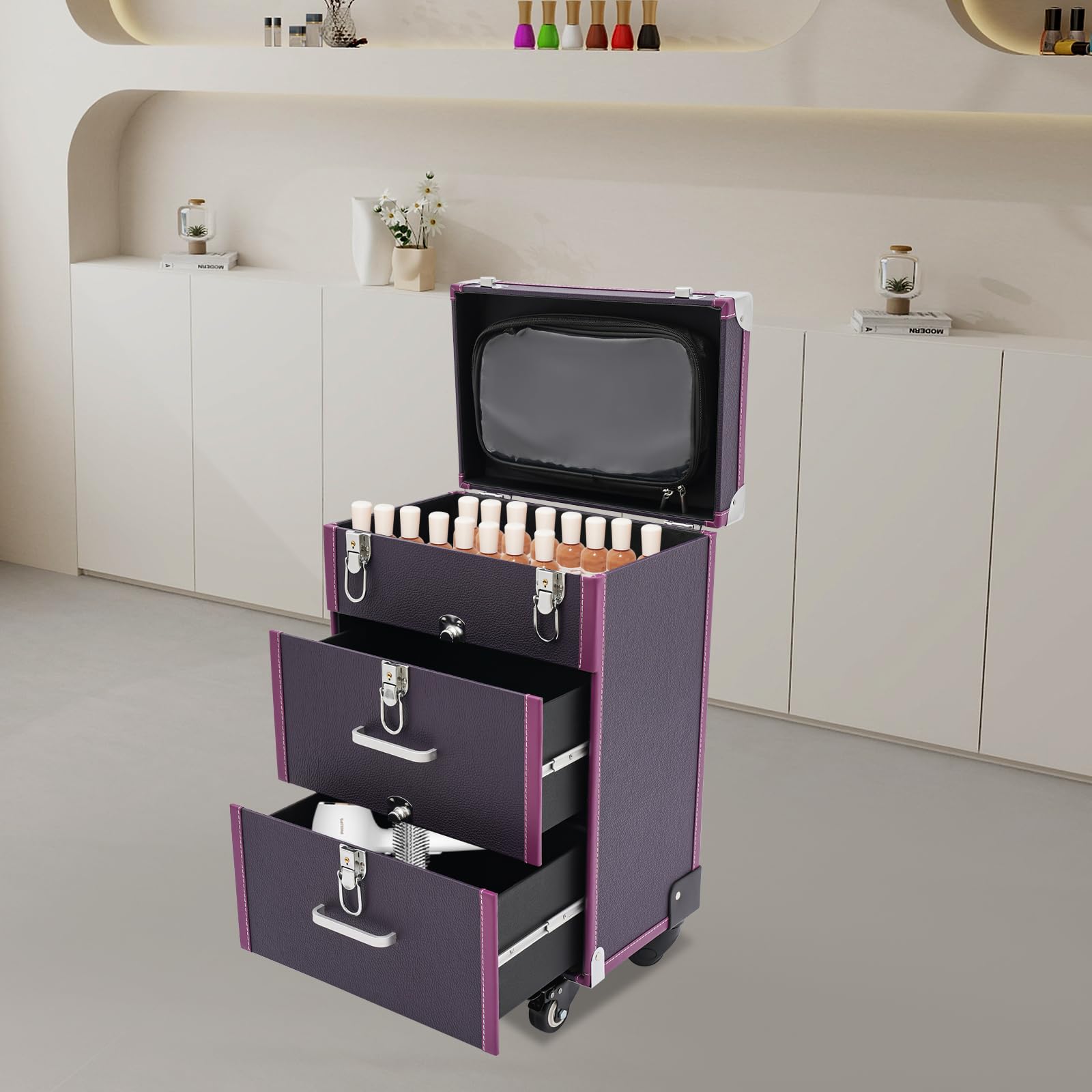 Large Capacity Rolling Cosmetic Case, Travel Trolley Case Mobile Storage Box, Multifunctional Makeup Train Case, Portable Tool Organizer with Lock and Universal Wheels for Beauty Salon Nail (Purple)