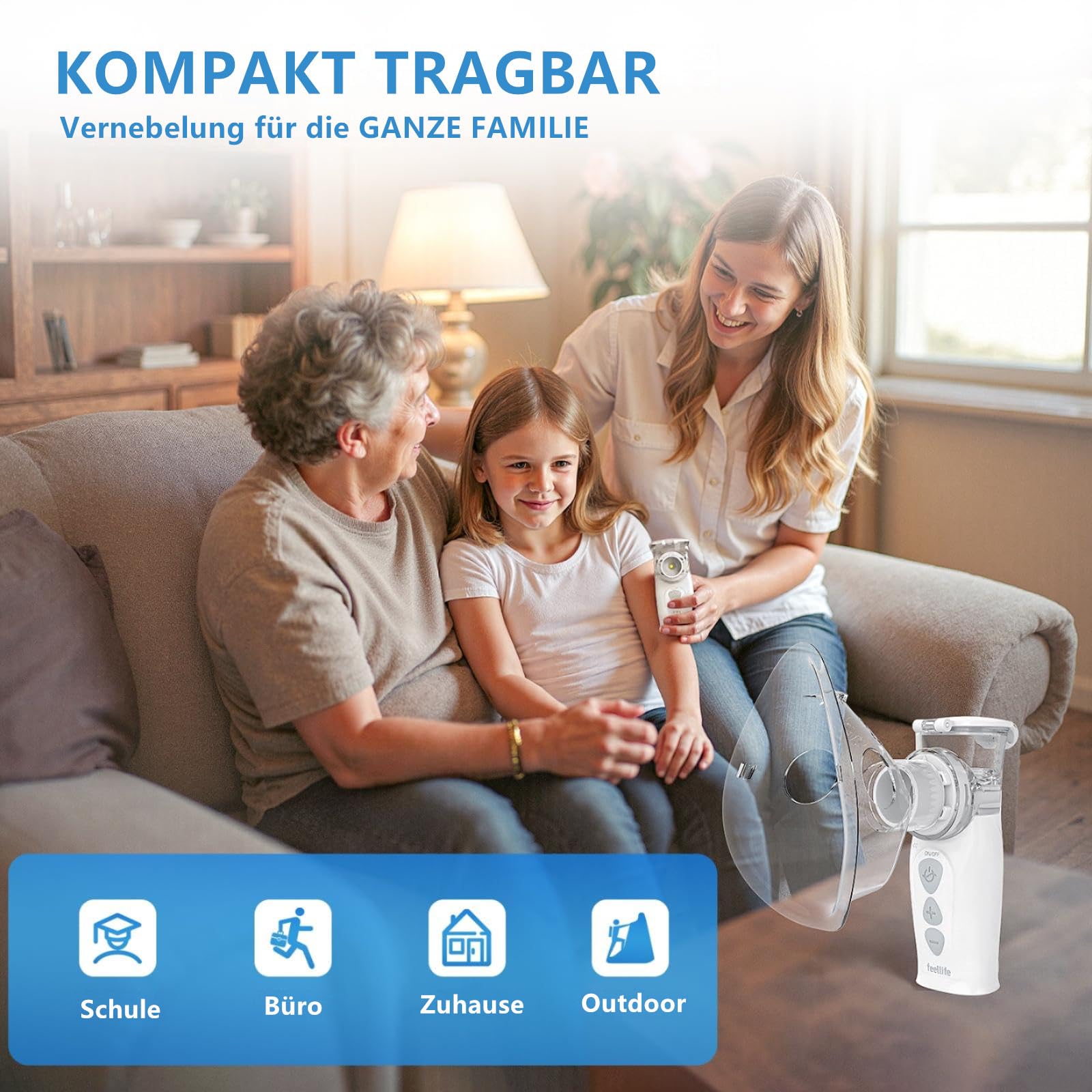 FEELLIFE Inhalationsgerät Tragbar, Leise Inhaliergeräte für Erwachsene Kinder, Aufladbarer Baby Inhalator, 3µm Partikelgröße Einstellbarer Sprühnebel Vernebler Inhaliergerät (Weiß)
