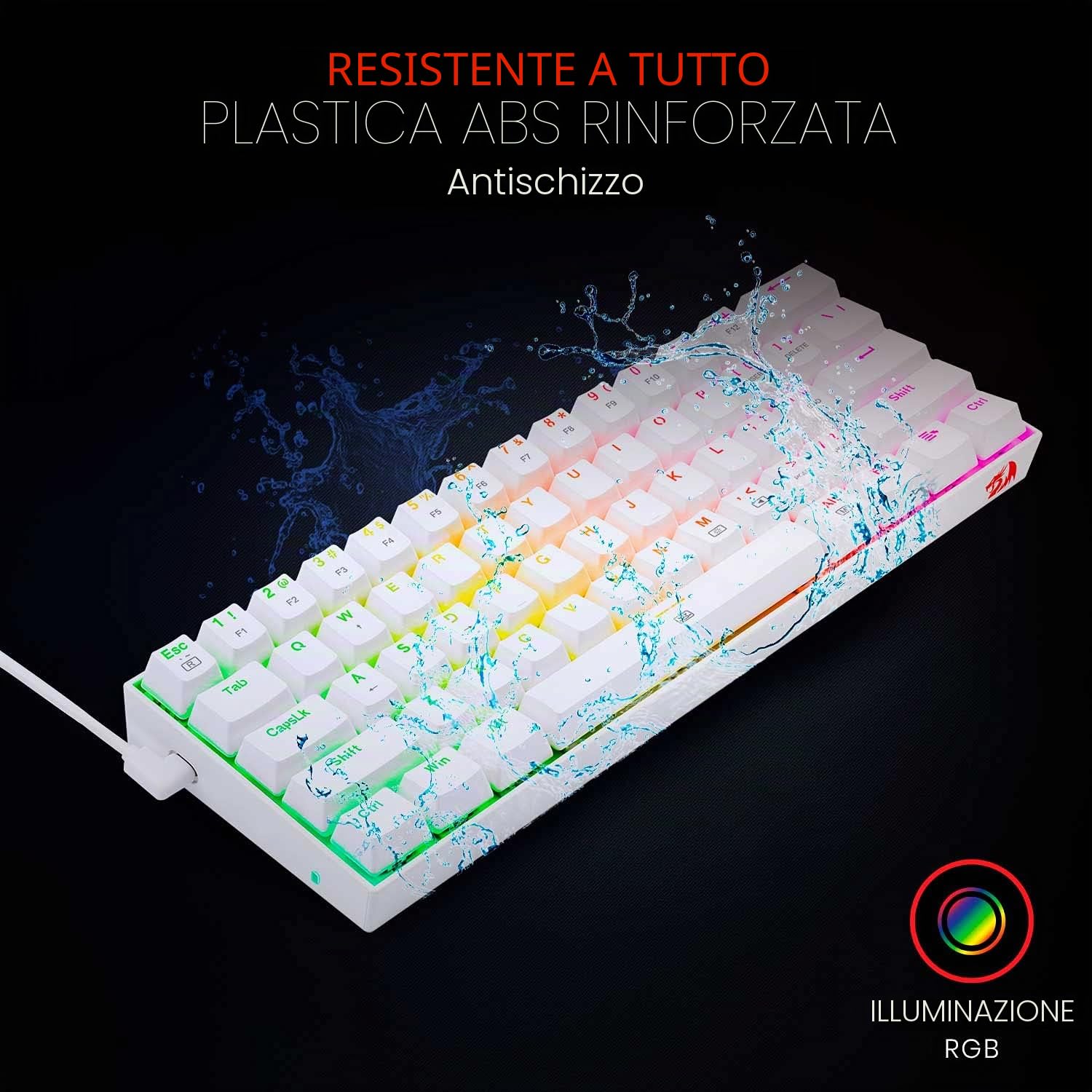 Redragon - K630 Dragonborn Bianca, Tastiera meccanica gaming 60%, compatta, 61 tasti, tastiera gamer TKL per giochi, tasti marroni, illuminazione RGB