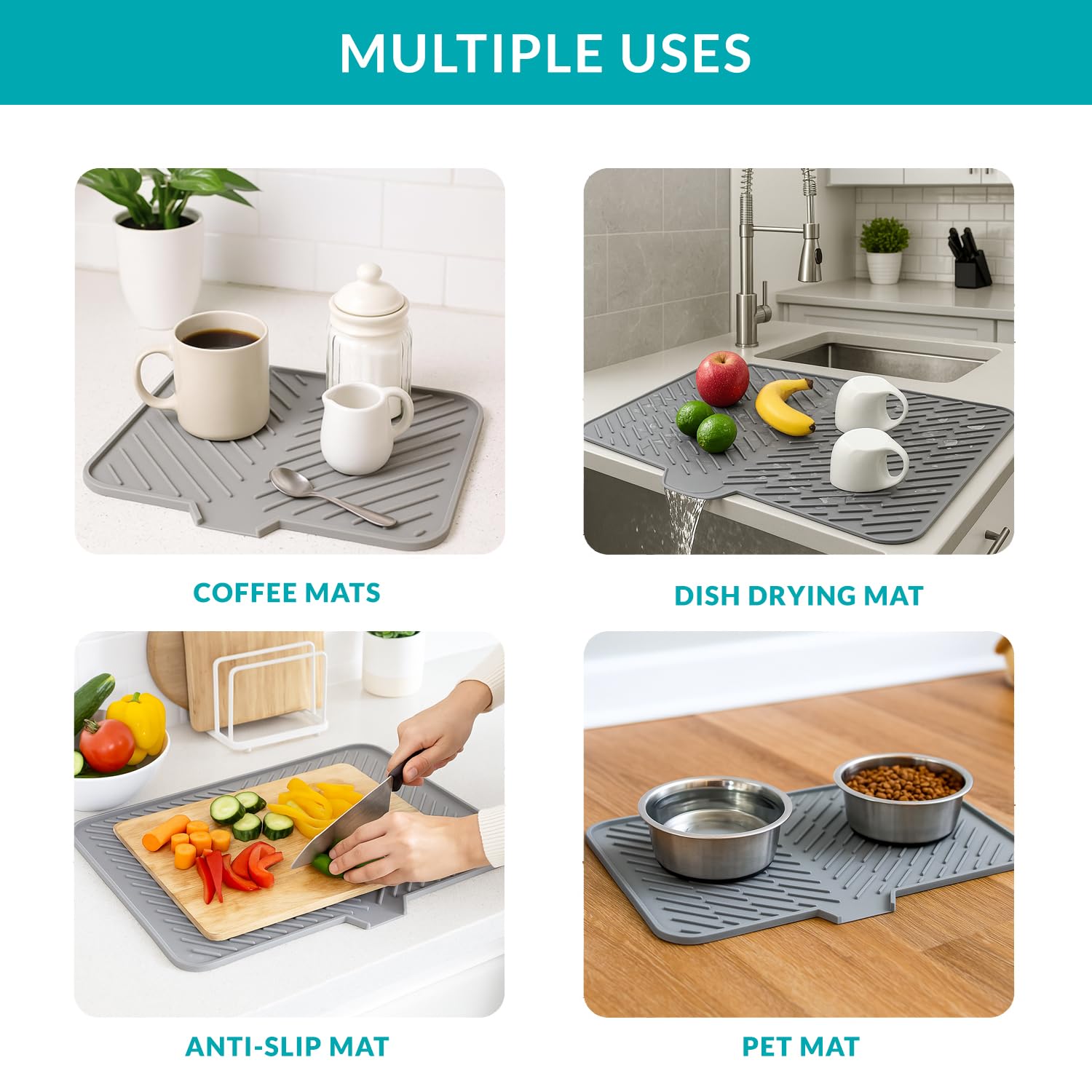 Homeze Tappetino scolapiatti da cucina in silicone, misura media, 40 x 30 cm, vassoio portaoggetti integrato per utensili, sottopentola resistente al calore, protegge i controsoffitti, previene