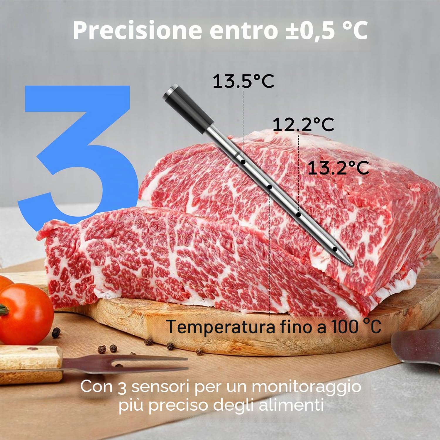 BFOUR 2025 - Termometro da carne senza fili, con Bluetooth, doppio allarme, monitoraggio app, IP67, impermeabile, termometro da forno per barbecue, forno, affumicatore, girarrosto