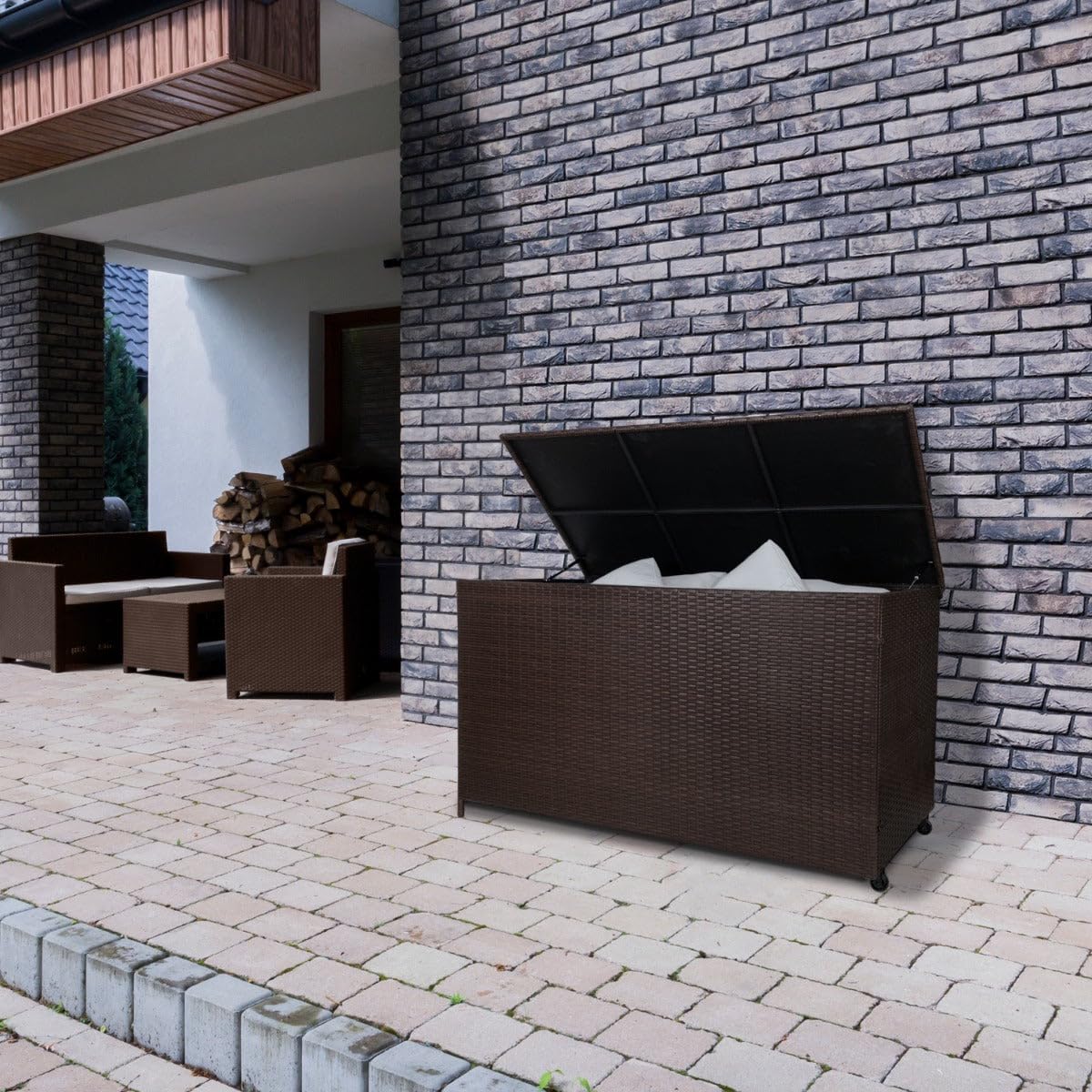 Coffre de Rangement Jardin Extérieur 586 L en Rotin Marron Résistant Aux Intempéries Doublure Zippée Rangement de Coussins Serviettes Jouets Meuble de Jardin Terrasse Cadre en Acier Verin en Gaz