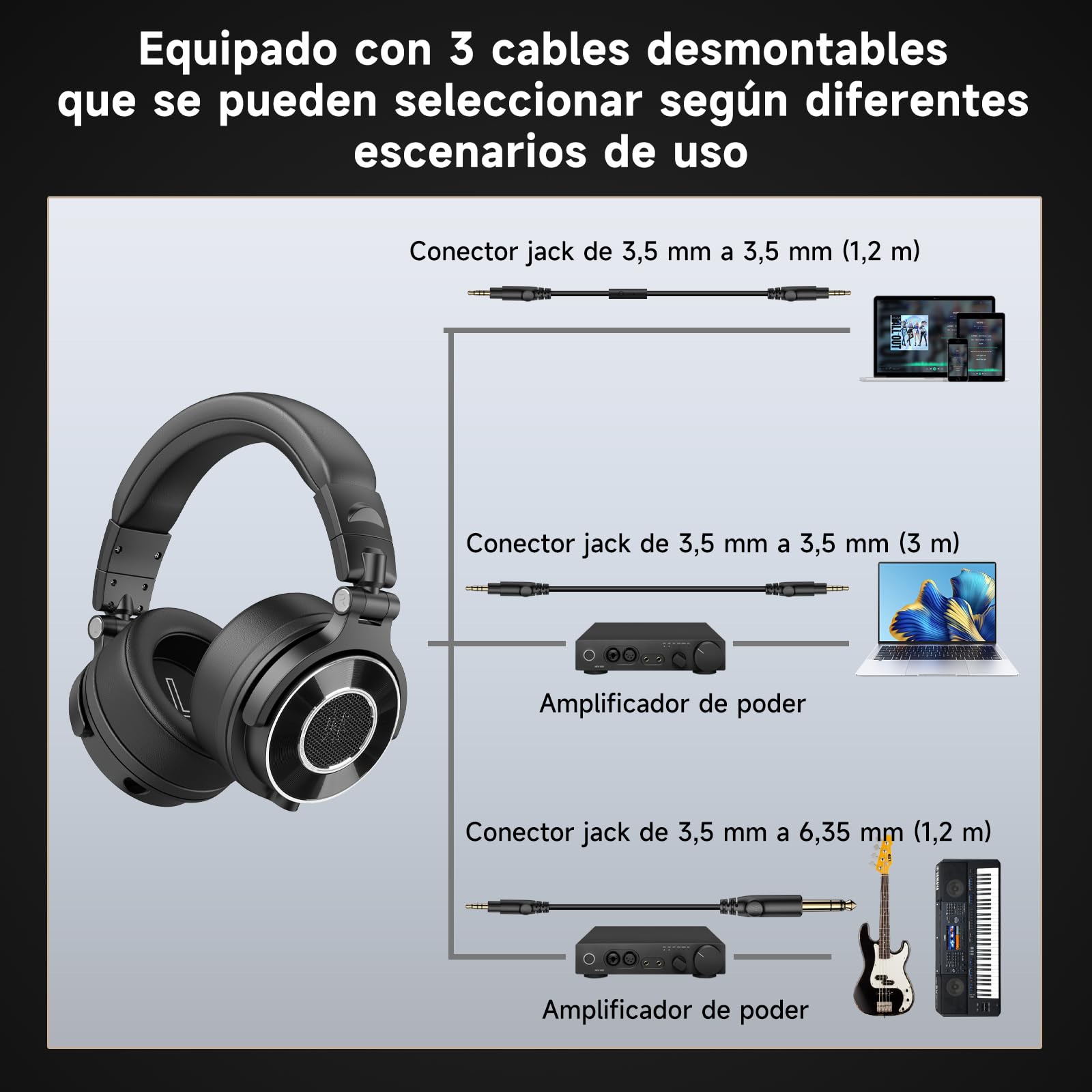 OneOdio Monitor 60 - Auriculares Profesionales de Estudio, Cascos Hi-Res con 50mm Controladores, Audífonos Cerrados con Cable Desmontable (3,5 mm / 6,35 mm) para DJ, Podcast, Grabación, Móvil, PC