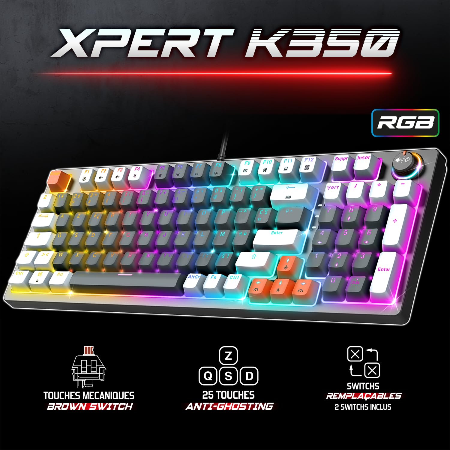 Spirit of Gamer, Pack Clavier Souris Gamer Filaire RGB + Convertisseur Mannette PS4/PS3/Switch 1 & 2, Clavier Mécanique AZERTY 97 Touches à Switch Marron, Souris 12800 DPI avec 8 Boutons Programmables