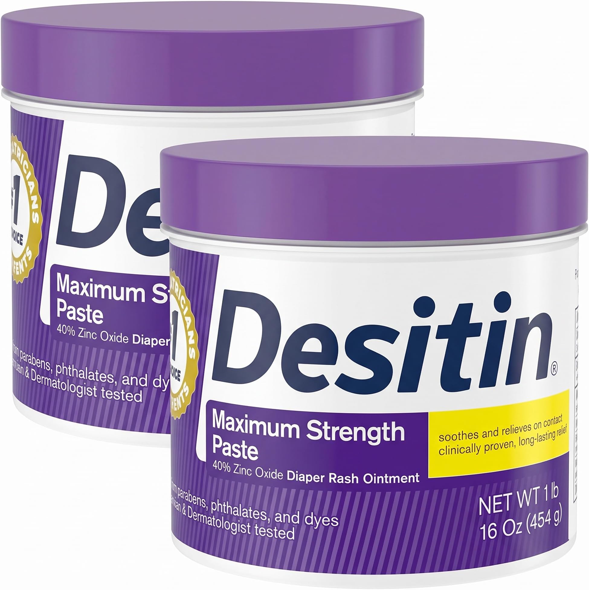 Desitin Maximum Strength Diaper Rash Cream, 40% Zinc Oxide | Treatment & Prevention | Hypoallergenic | Paraben-Free | 16 oz Pack of 2
