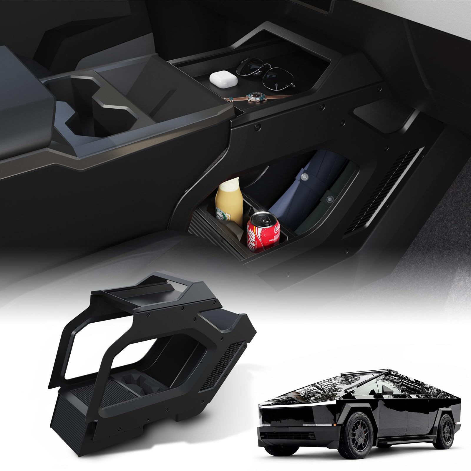 Airayvis Cyber Truck Center Console Organizer 2023–2026, Custom Fit Double-Layer Tray Insert Storage System, Interior Black Lower Center Console Storage Box Cyber Truck Accessories 2025