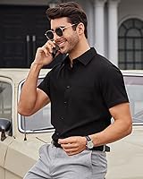 Vista 165 de Alimens & Gentle - Camisas de vestir con bolsillo y manga corta, de color liso y sin arrugas, estilo casual con botones, para hombres