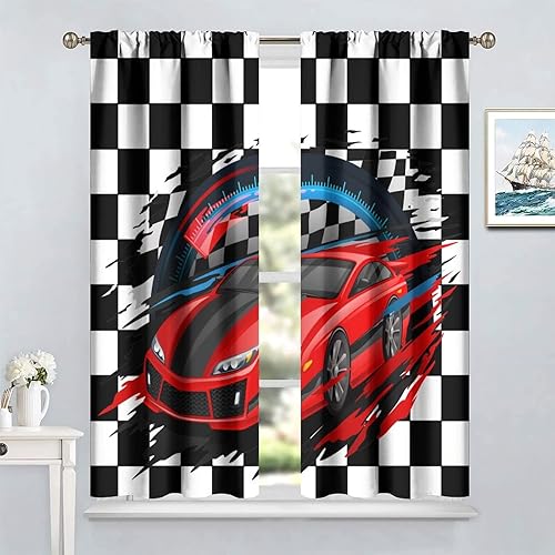 Miniatura 8 de Cortinas de coche de carreras para niños, con bandera de carreras, tratamientos de ventana roja para dormitorio, cuadros blancos y negros, cortinas