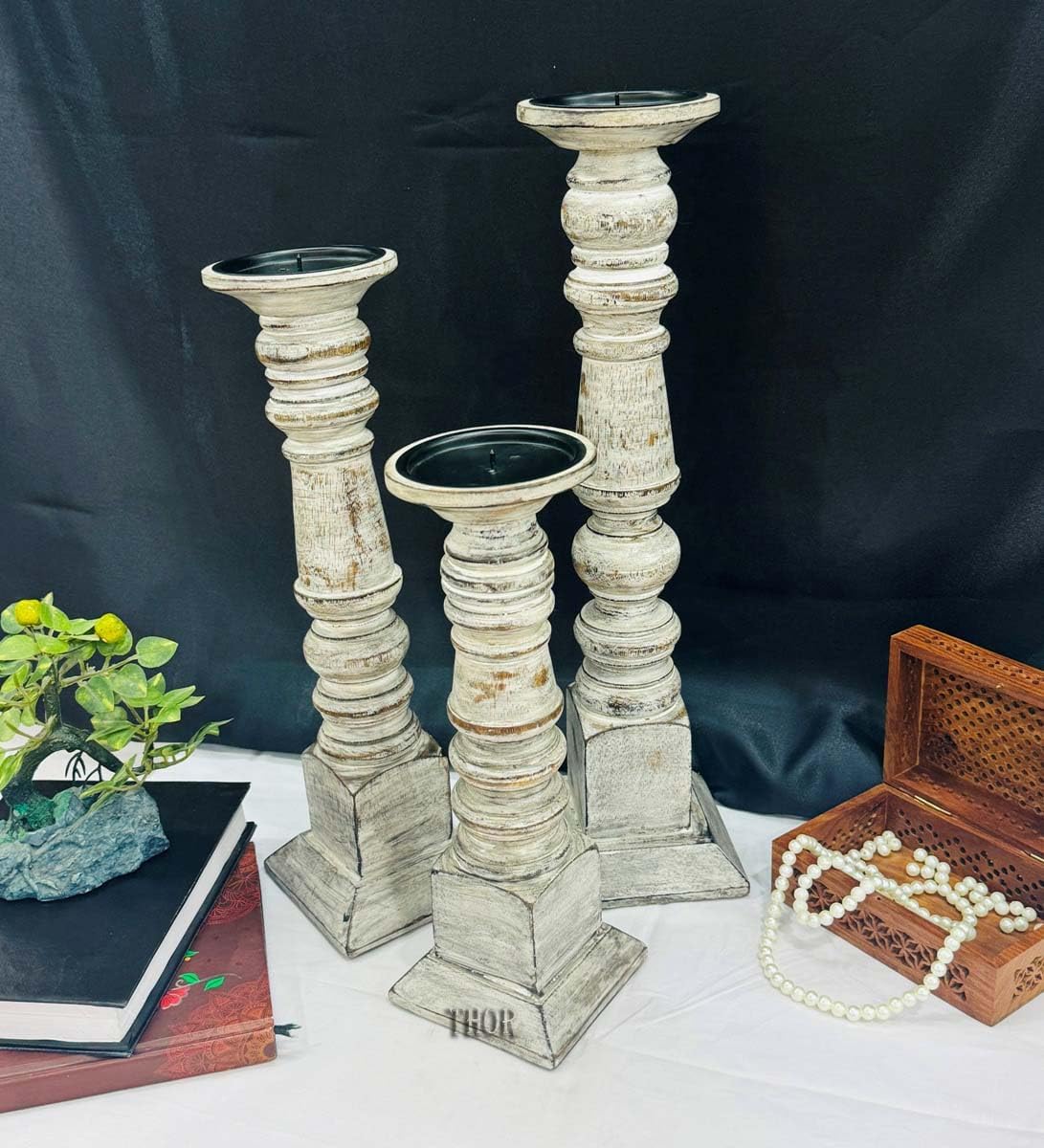 Designs Pillar Candle Holder for Pillar Candles, Small Wooden Candlestick Holders, Farmhouse Candle Holders for Table Centerpiece, Rustic Candle Holder Set of 3, (18", 15", 12"), White Rustic