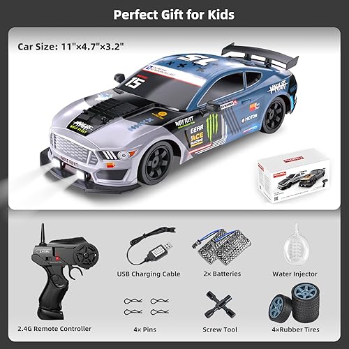 Miniatura 6 de Sakeye Coche de control remoto 116 2.4GHz 4WD RC Drift Car, recargable de 18 KMH+ de alta velocidad RC coches de carreras con aerosol, luces frías,