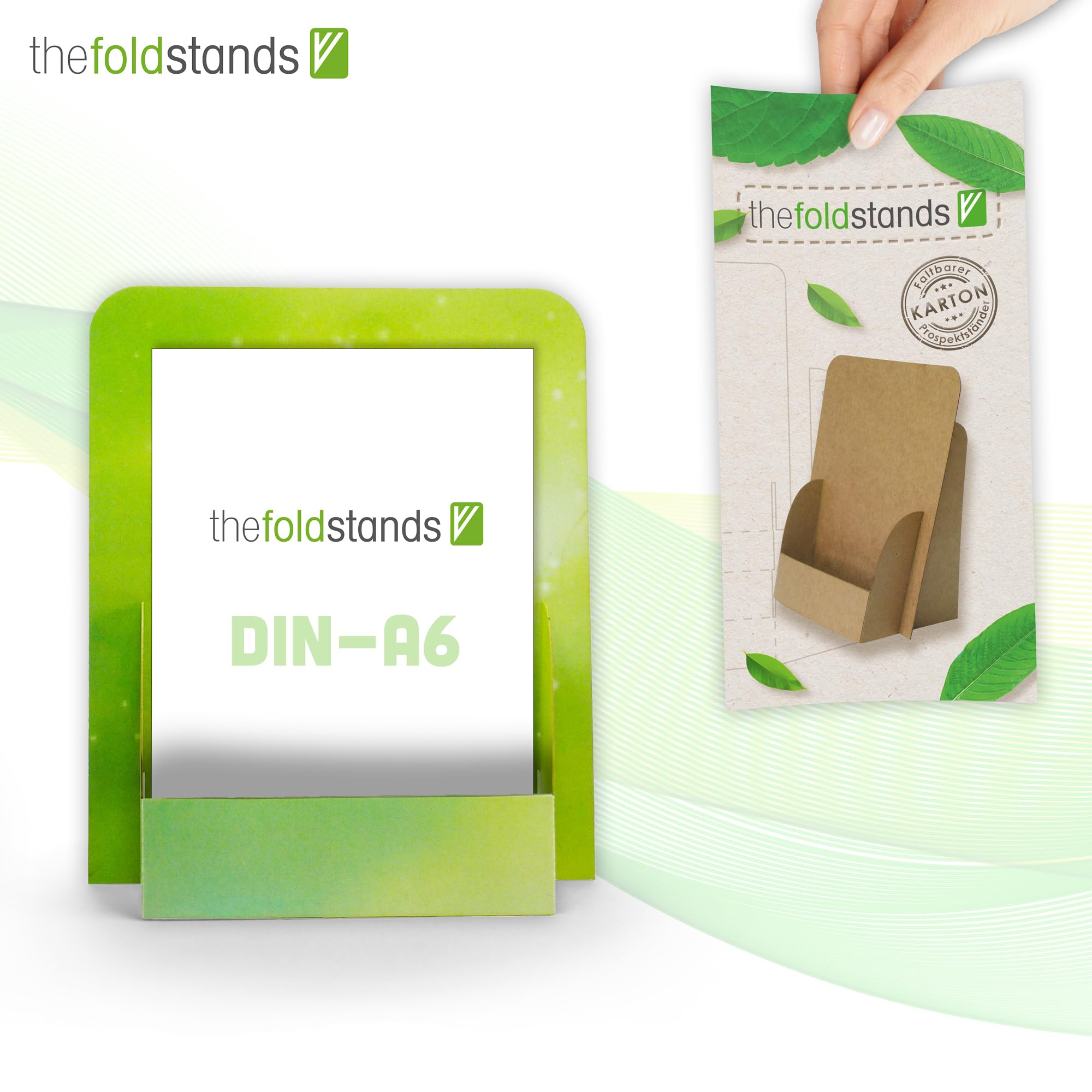 5 soportes plegables Green Design para folletos DIN A6 Flyer vertical, 14,8 x 21 cm, de eco cartón FSC, uso a corto y medio plazo