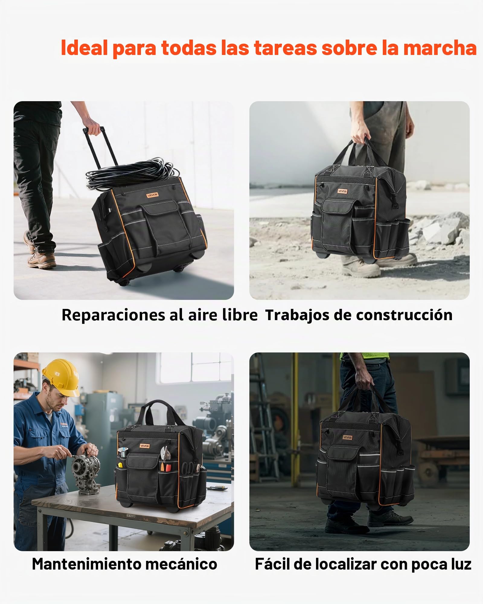 VEVOR Mochila con Ruedas de 39 x 29 x 42 cm Capacidad de Carga de 50 kg, Mochila de Herramientas Resistente con 25 Bolsillos, Asa Telescópica Ajustable y Base Estable para Construcción y Mecánico