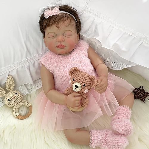 Reborn Baby Dolls - 20 Inch Realistic Baby Doll Lifelike Newborn Girl Eyes Closed Real Life Baby Doll in Pink Dress, Handmade Gift with Full Accessories for Kids and Collectors