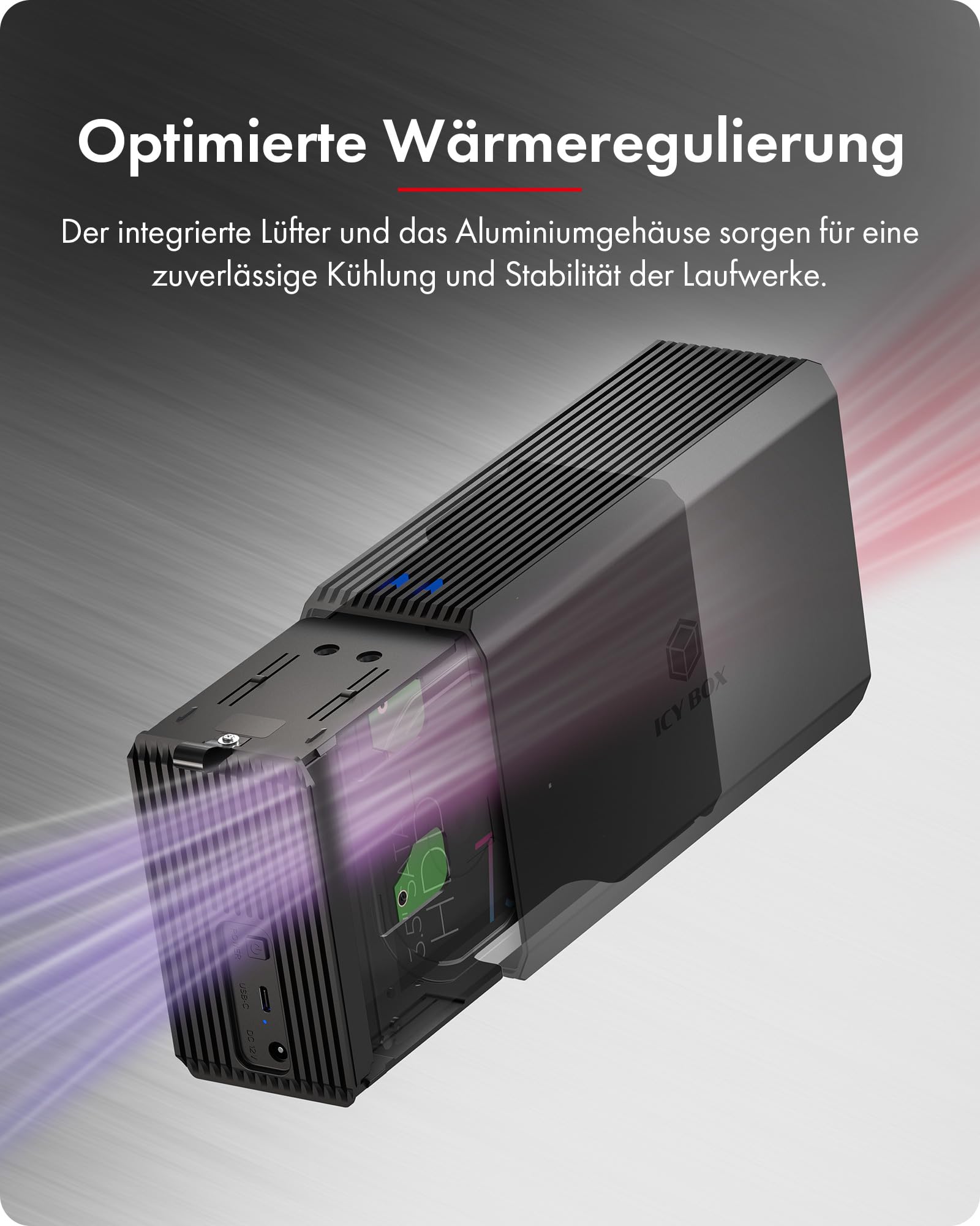 ICY BOX (2-Bay RAID-System 2,5"/3,5" SATA, USB 3.2 Gen 1 Type-C, RAID 0/1/SINGLE/LARGE, 50-mm Lüfter, LED-Status, Aluminium) Externes Gehäuse für HDD/SSD, bis 30 TB IB-RD3720-CU3