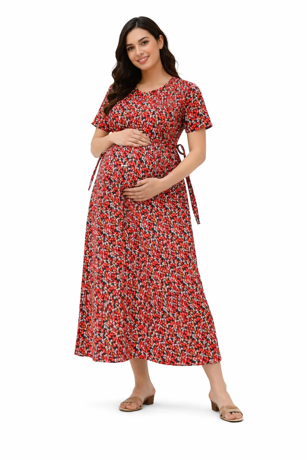 Maternity Zipless Feeding Wear Loungewear – Soft Cotton Floral Print Nightdress for Pregnancy & Nursing (XL) Red-image-0