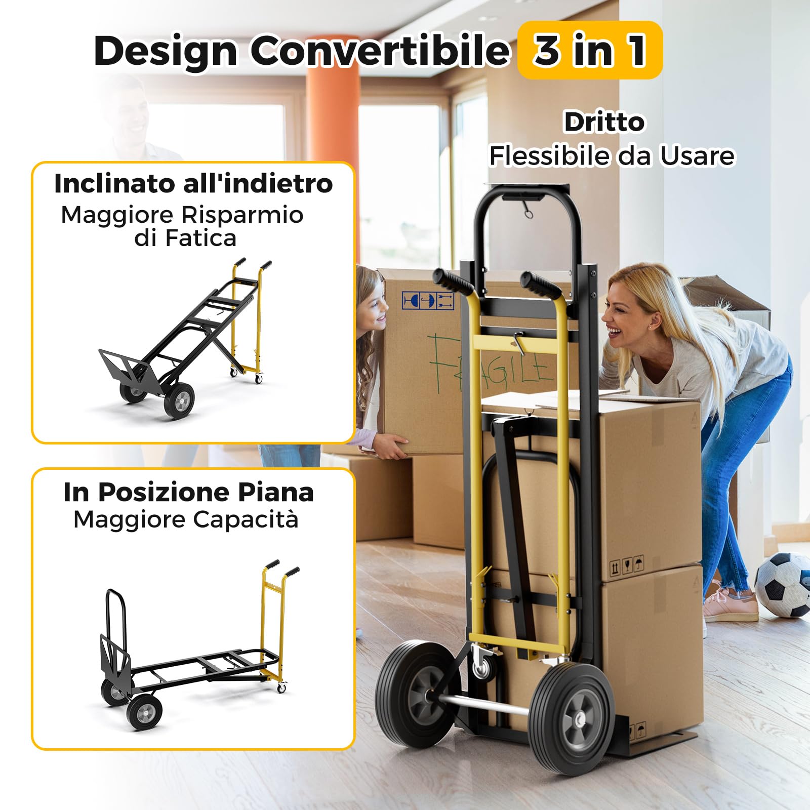 GYMAX Carrello a Mano Convertibile 3-in-1, Carrello Portatile Pesante in Metallo con Ruote in Gomma, Capacità 450kg, Carrello Industriale Pieghevole per Trasporto e Spostamento in Garage, Fabbrica