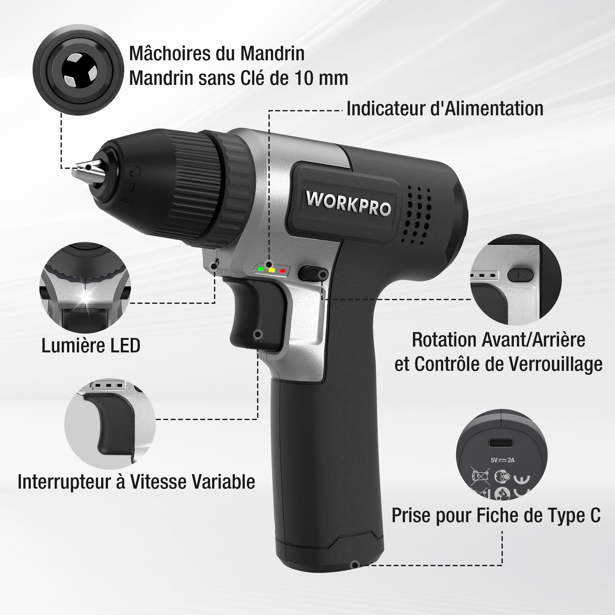 WORKPRO Kit de Perceuses Visseuse Sans Fil 8V Noir, Visseuse Devisseuse Sans Fil 2000mAh, Couple 12Nm, Mandrin de Perçage 10mm, LED Lumière, Kit d'Accessoires Complet, pour Réparation Maison DIY