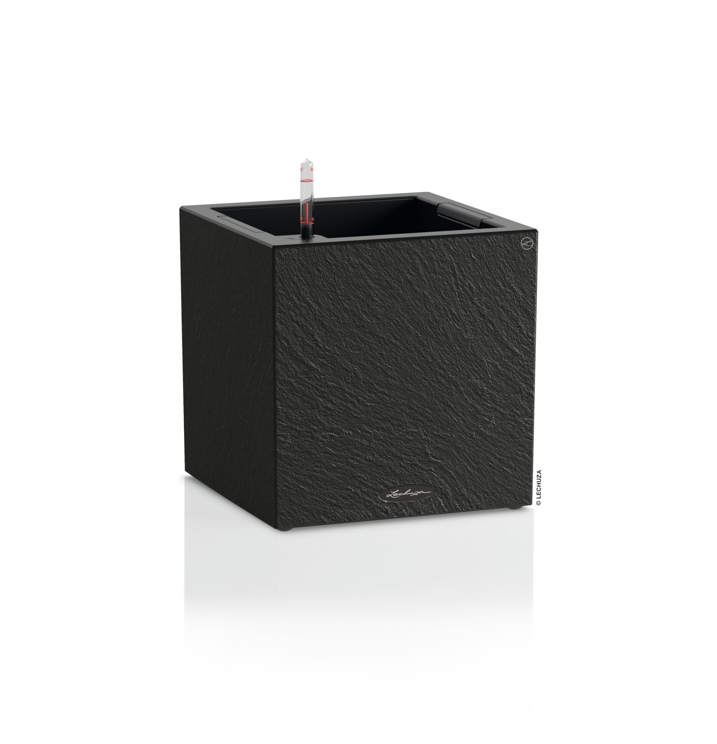 LECHUZA - Vaso per piante Canto Slatestone 30 Low Dark Grey, con sistema di irrigazione, indicatore del livello dell'acqua e inserto per piante, effetto ardesia, 30 x 30 x 30 cm, 15931