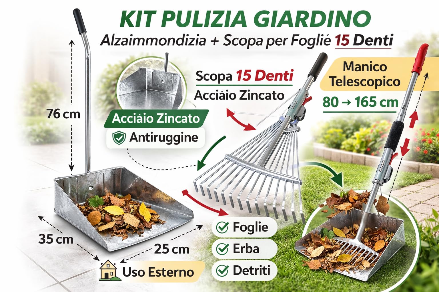 Kit Pulizia Giardino Alzaimmondizia Acciaio Zincato 35x25x76h cm + Scopa per Foglie 15 Denti con Manico Telescopico 80-165 cm, Rastrello Regolabile – LEMAG SRL