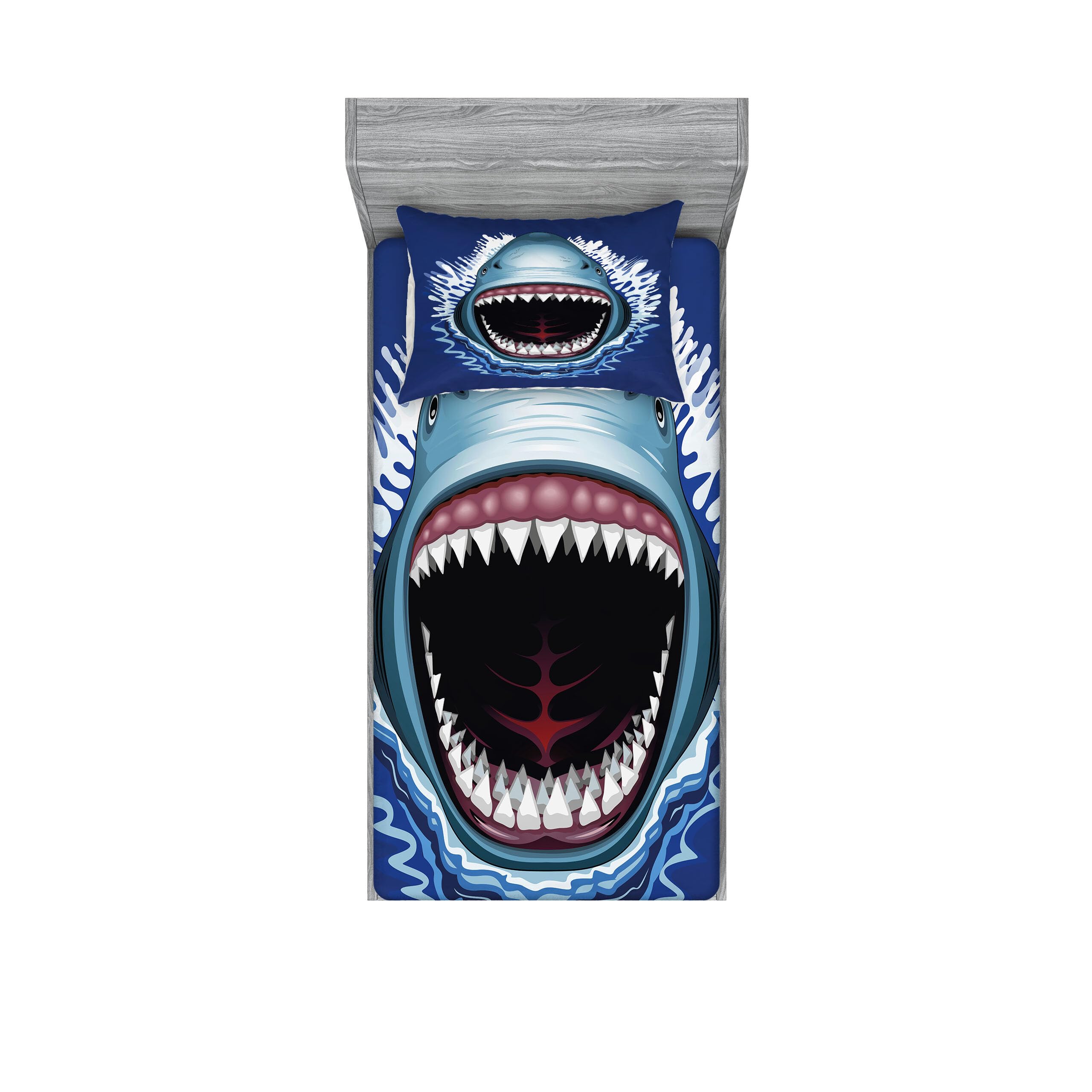 Ambesonne Shark Fitted Sheet & Pillow Sham Set, Attack of Open Mouth Sharp Teeth Sea Danger Wildlife Ocean Life Cartoon, Decorative Printed 2 Piece Bedding Decor Set, Twin, Blue Grey