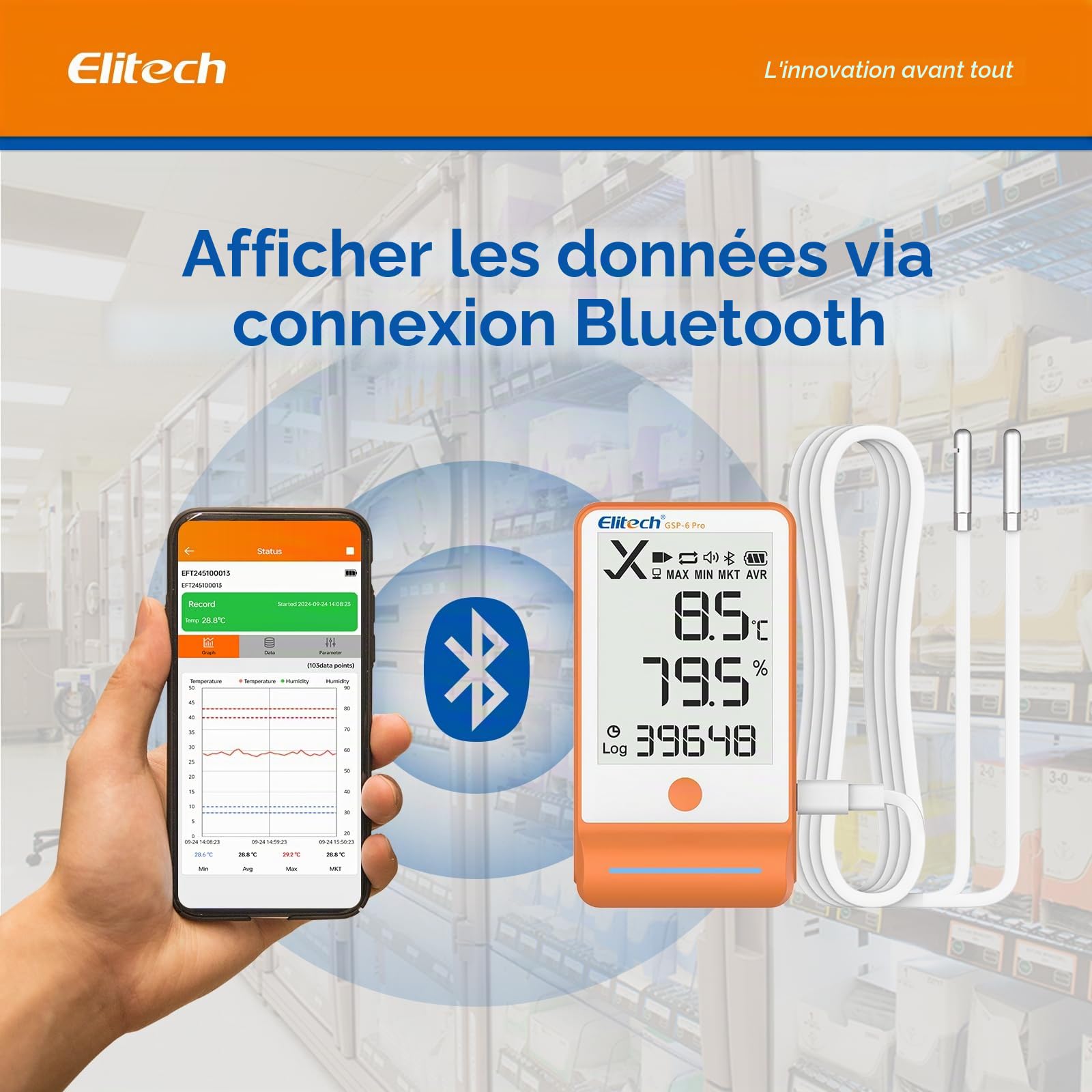 Elitech Enregistreur de Données de Température et d'humidité Bluetooth, Thermo-Hygromètre 2 Sonde pour Réfrigérateur Frigo, 100 000 Points APP Connecté, GSP-6 Pro