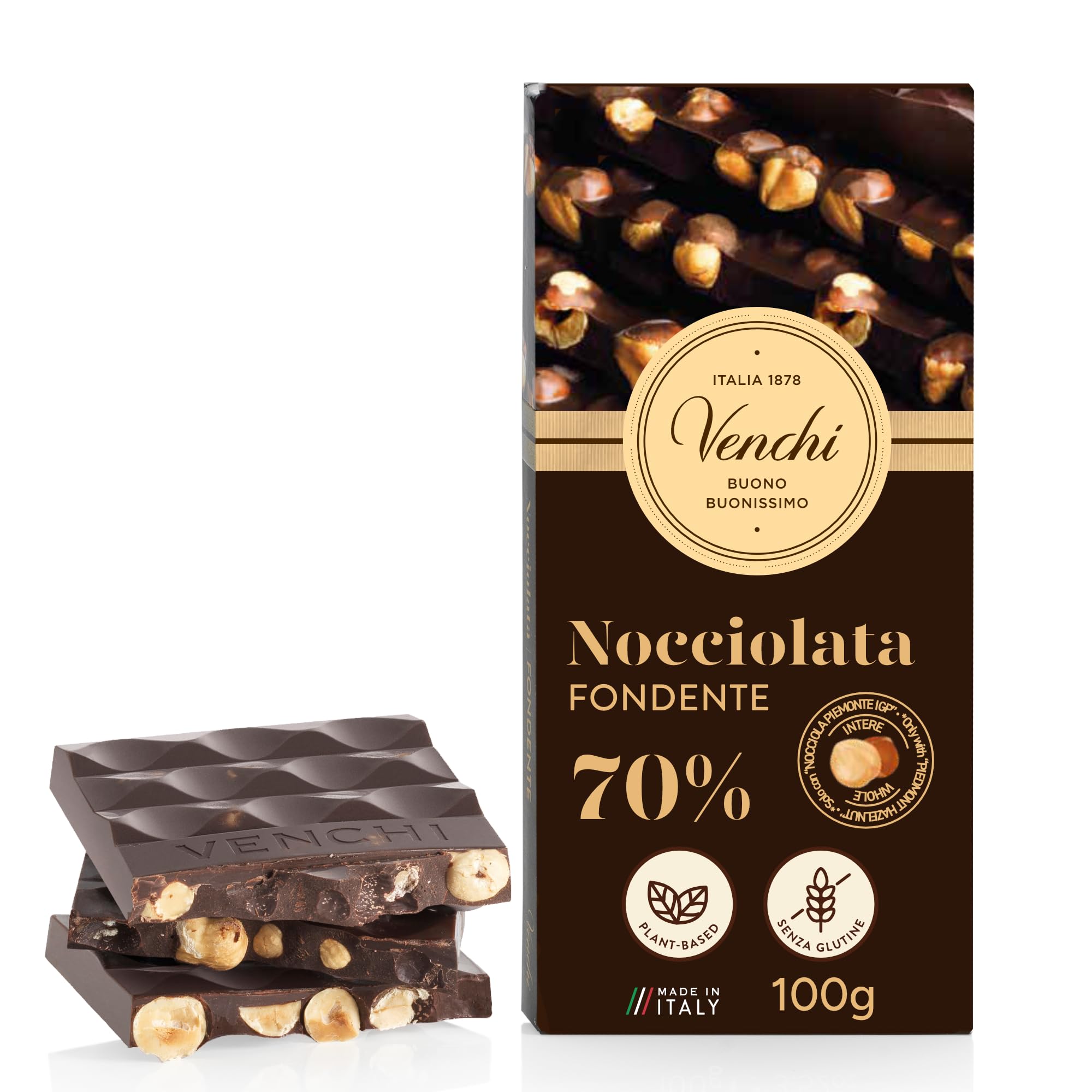 Venchi - 70% Dark Chocolate Hazelnut Bar with South American Cocoa and Piedmont Hazelnut, 100g - Gluten Free