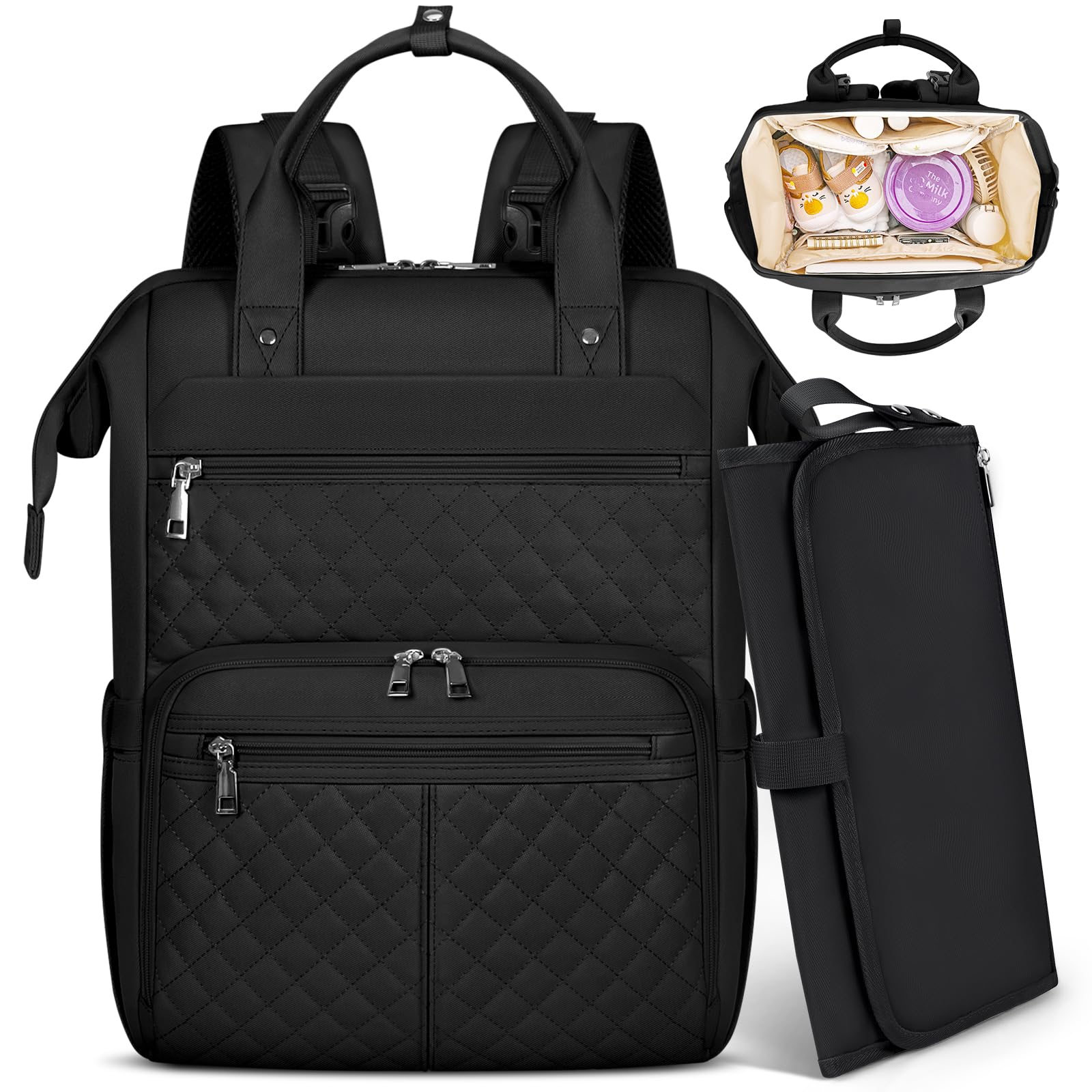 RAINSMORE Baby Changing Bag Backpack Multifunction Nappy Bag with Portable Changing Mat Baby Diaper Bags Large Travel Pram Bag for Mom & Dad-Black