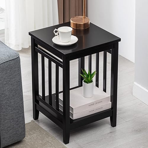 Duhome - Mesa auxiliar de granja mesa auxiliar de madera con estante de almacenamiento mesita de noche mesa cuadrada para sofá para sala de estar