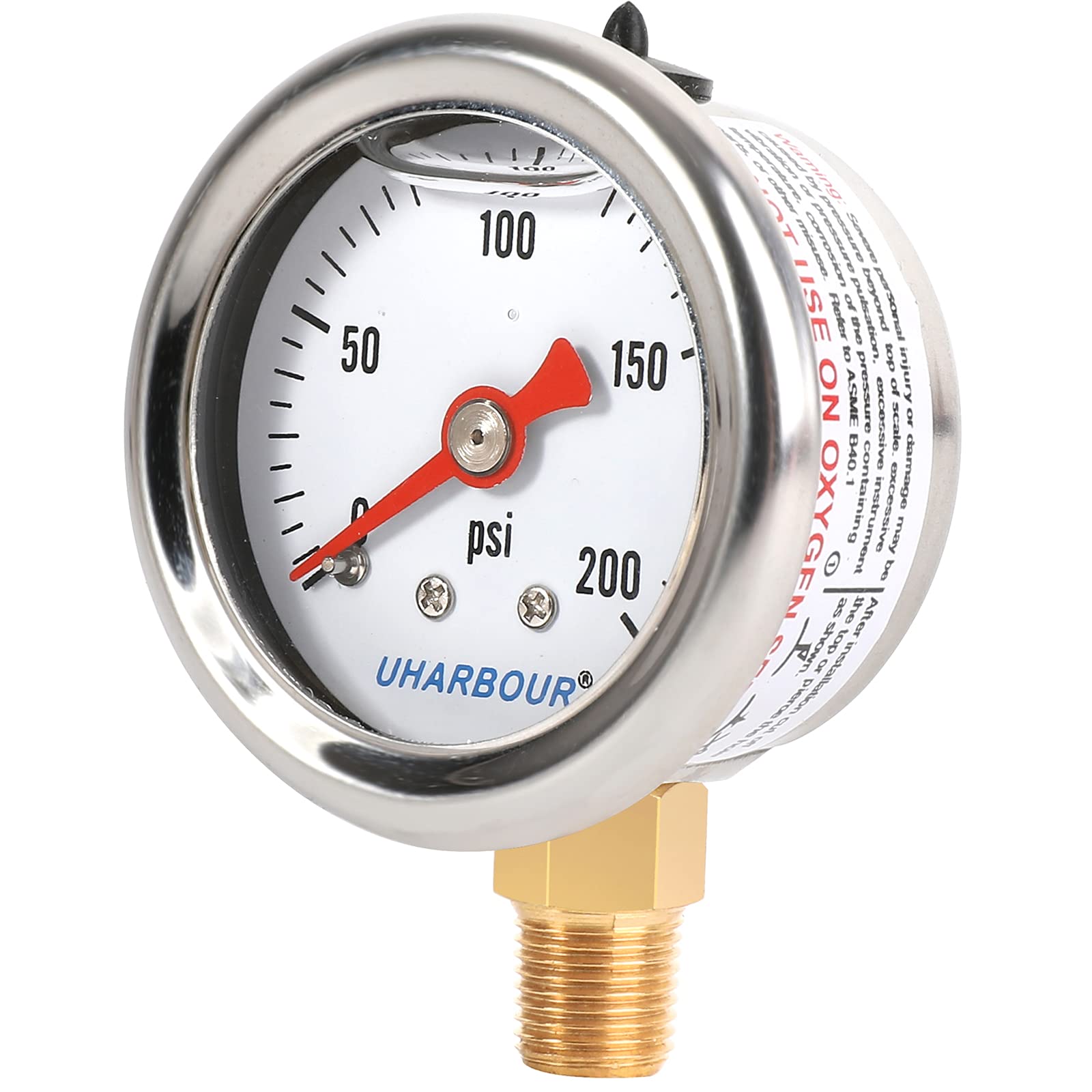 UHARBOUR Glycerin Filled Pressure Gauge with 304 Stainless Steel Case, 1-1/2" Dial Size, 0-200Psi, High Accuracy, 1/8" NPT Center Lower Mount with
