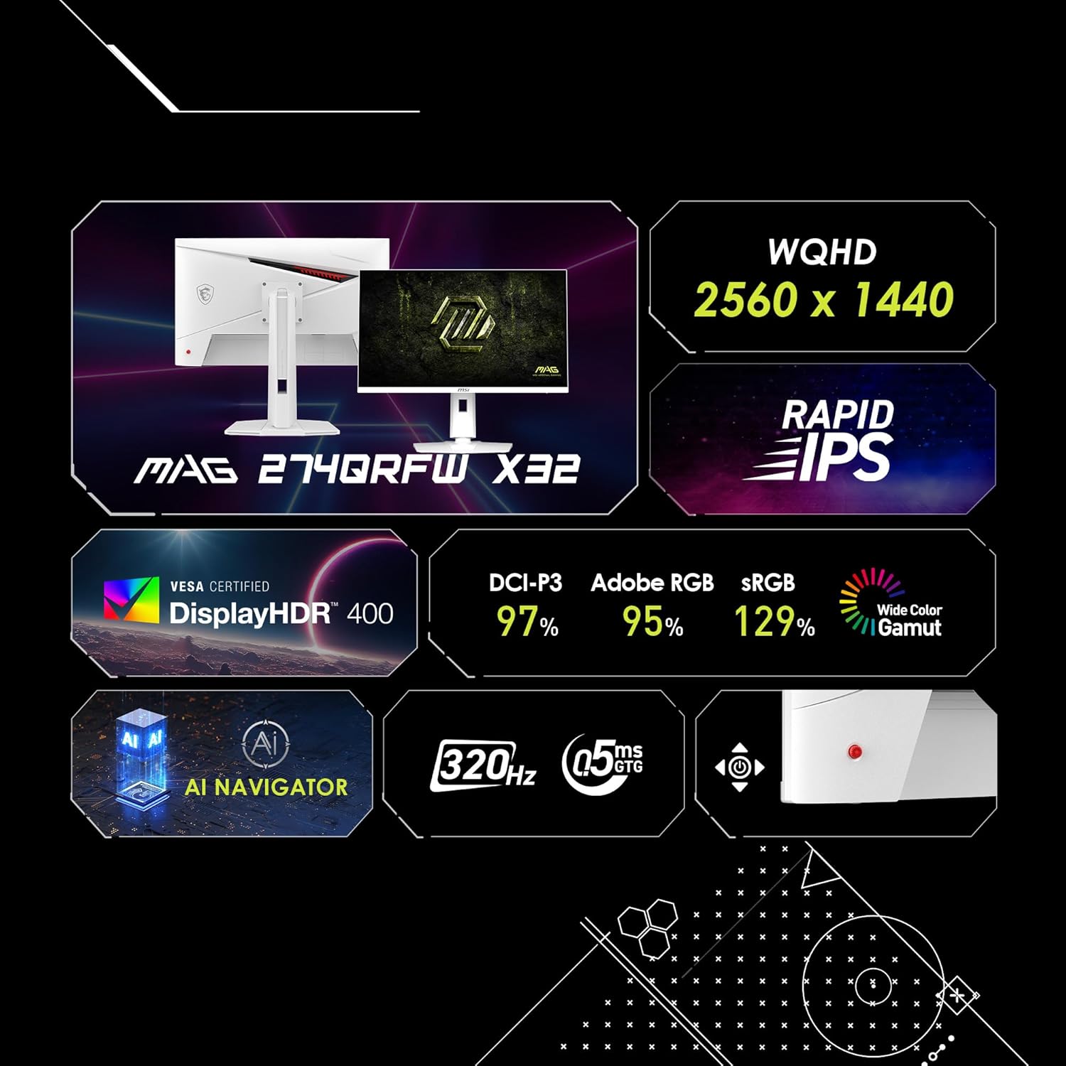 msi MAG 274QRFW X32 27-inch 2560 x 1440 (QHD) Gaming Monitor, 320Hz, Adaptive Sync, HDR Ready, HDMI, VGA Port, VESA Mountable, Tilt, 4-Side Slim Bezel, 0.5ms, White
