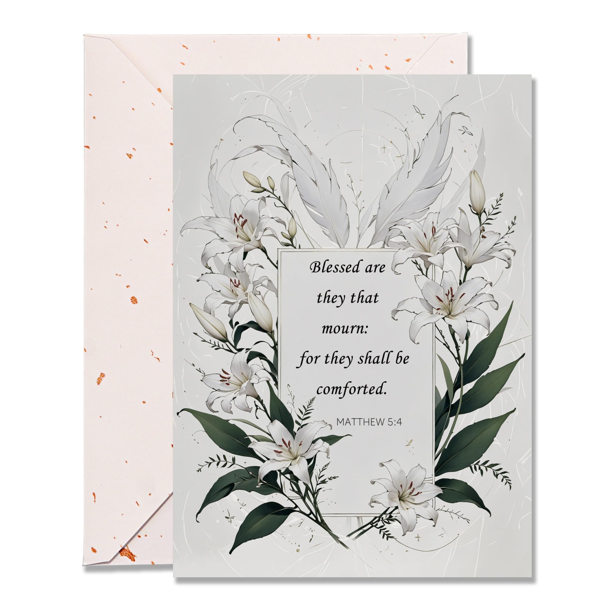 DORADUBO Religious Sympathy Card with Envelope, 5x7 Inch Lily and Feather Design, Christian Condolence Card with Bible Verse, Elegant Gold-Flecked