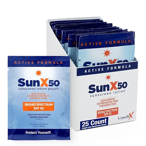 Sun X 50 paquetes de protector solar individual SPF tamaño de viaje, paquete de 25 paquetes de protección solar SPF de amplio espectro sin