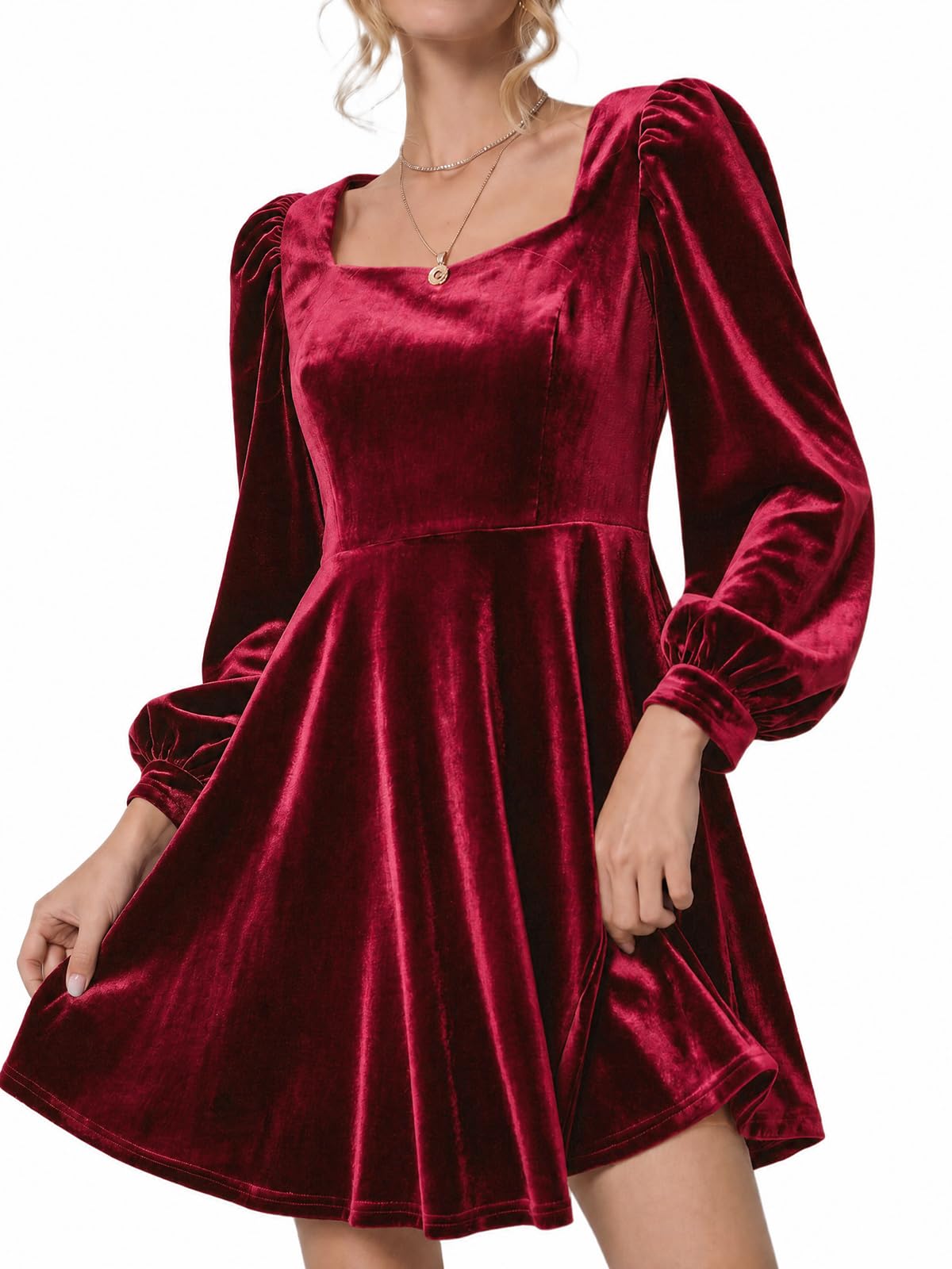 Saodimallsu Damen Langarm Samtkleid Knielang Rundhals Kleid | A-Linie Partykleid,Herbstkleid,Einfarbig Winterkleid,Cocktailkleid,Abendkleid,Elegant