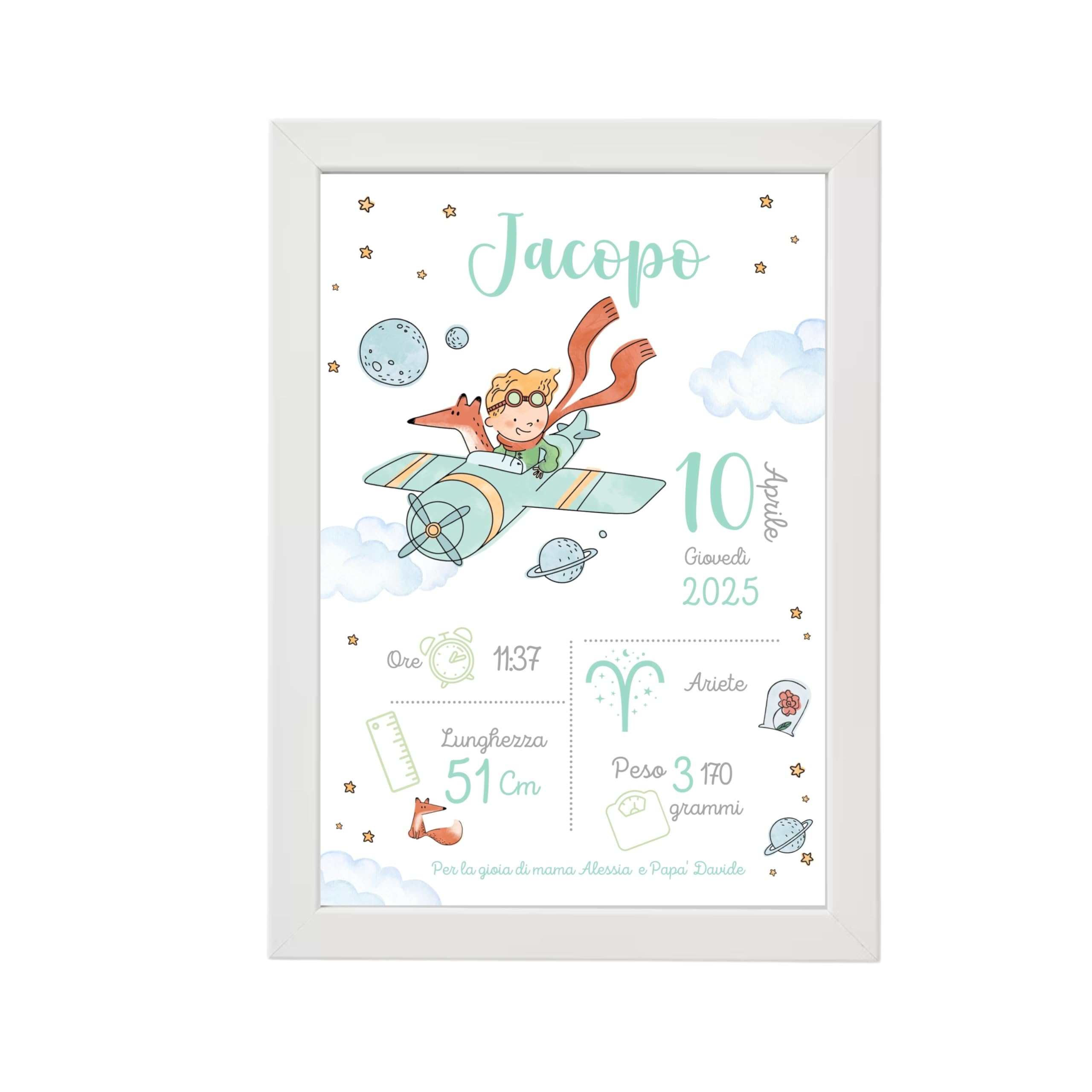 Generico Quadretto Nascita Personalizzato Il Piccolo Principe – Stampa 21x30 cm con Nome, Data, Peso e Ora – Con Cornice – Idea Regalo Neonato, Battesimo o Baby Shower – Decorazione Cameretta Bimbo