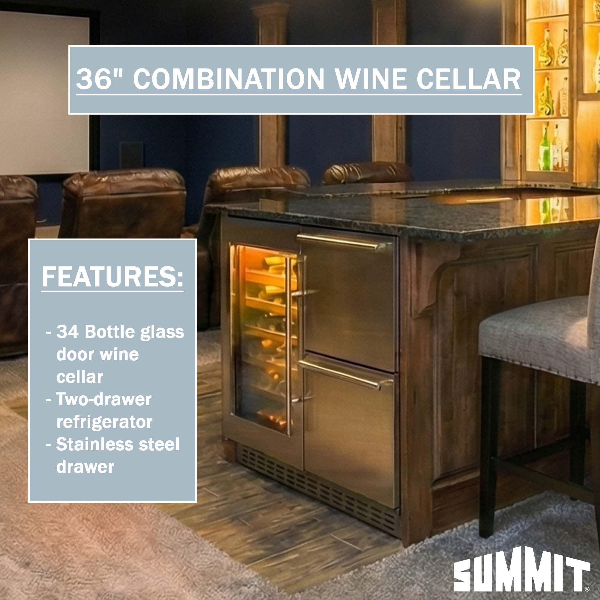 Summit 36” Wine Cellar And Two Drawer Refrigerator Combination, 34 Bottle Capacity, ADA Compliant, Commercial, Built-In, Undercounter, Stainless Steel - Adrwc36 (Stainless Steel) on Fridge.com - View 3
