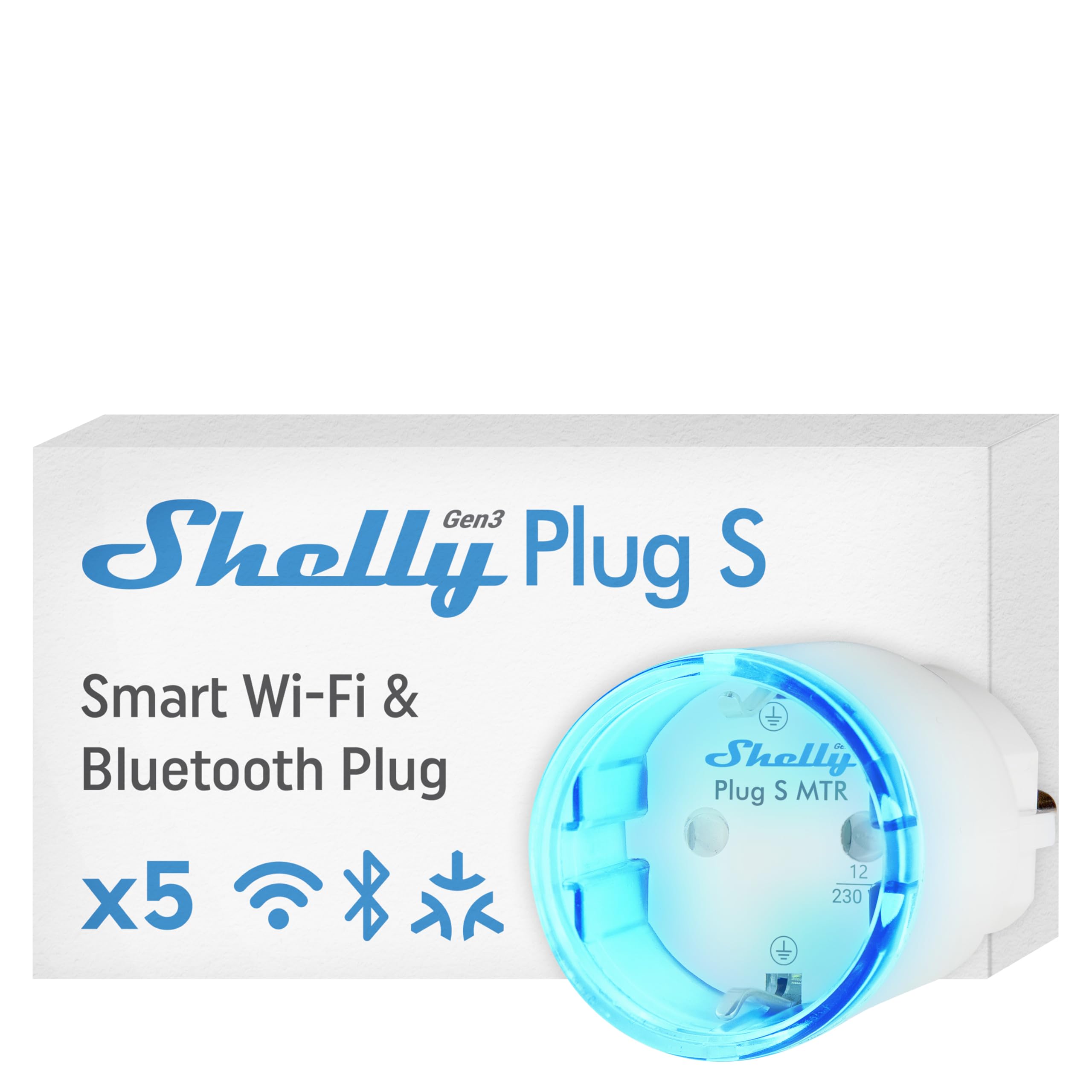 Shelly Plug S Gen3 Weiß - WLAN Smarte Steckdose, Leistungsmessung, 12A, 2500W, Zeitschaltuhr, Matter Stecker, Smart Home, Heizung & Kühlung, Alexa & Google, Kein Hub Erforderlich (5 Stück)