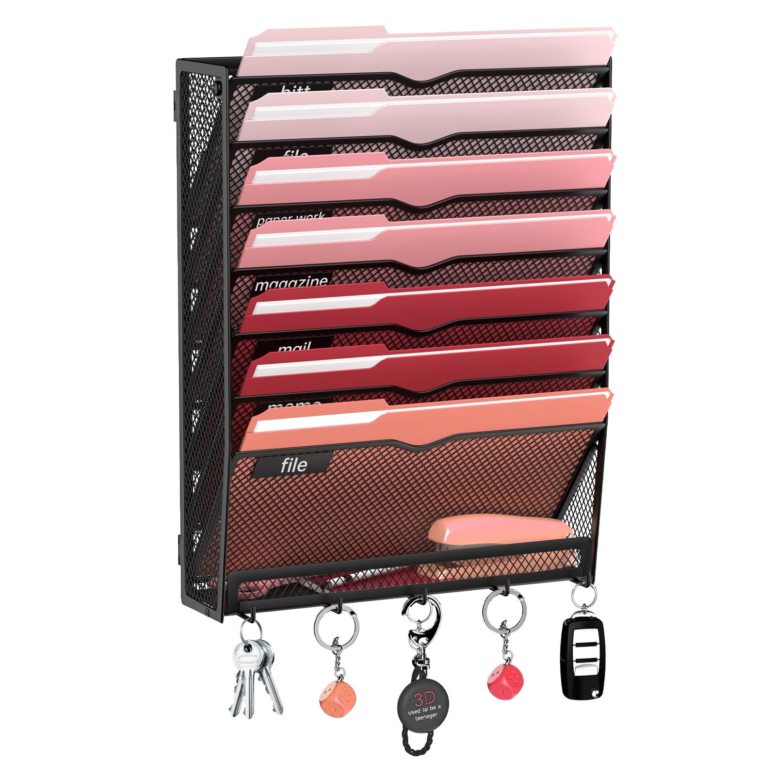 RITOLLO 8 Tier Wall File Organizer - Hanging File Organizer with 5 Hooks, Mail Holder Wall Mounted for Papers, Folders, Magazines, Bills, Office&School Organization (8 Tier)