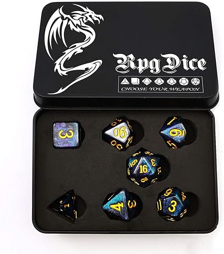 Bescon serie de dados de noche estrellada, 7pcs poliédricos RPG dados set medianoche, embalaje negro de la caja de hojalata