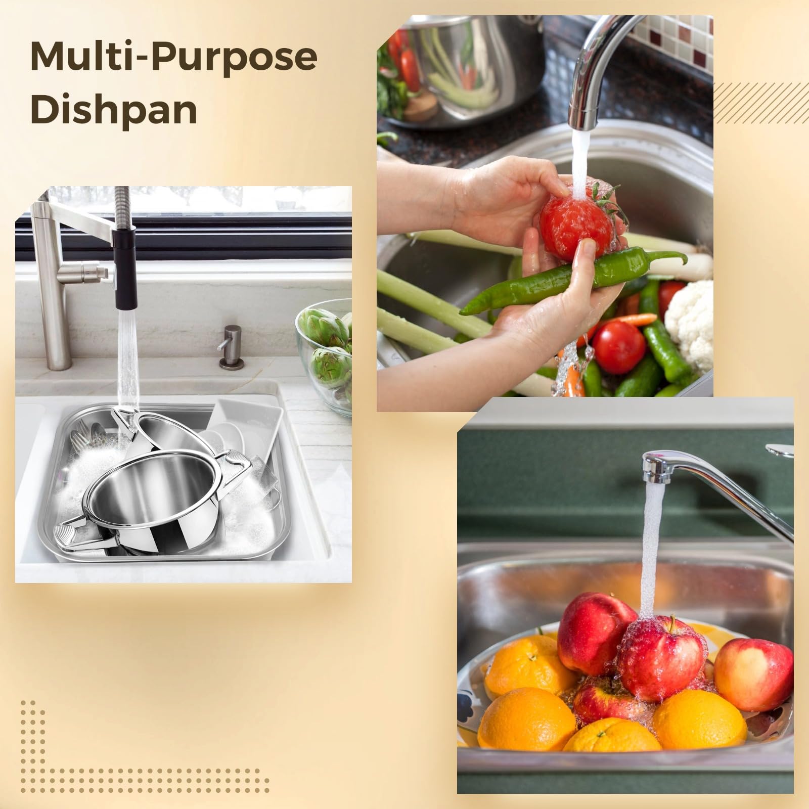 yeesport Lavabo in acciaio inossidabile, versatile bacinella per lavello da cucina, grande contenitore quadrato per la pulizia delle verdure, robusta padella per uso domestico