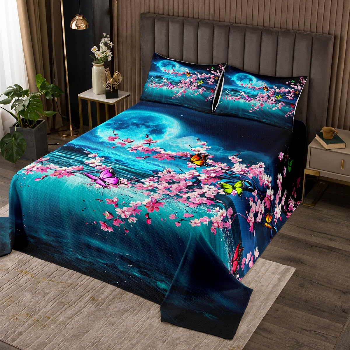 Castle Fairy Blue Ocean Quilt Set for Kids Teens,Moon Night Sky Bedspread,Pink Cherry Blosoom Bed Cover Black Blue Bedding Set Decorative Quilted Coverlet Set,Twin Size