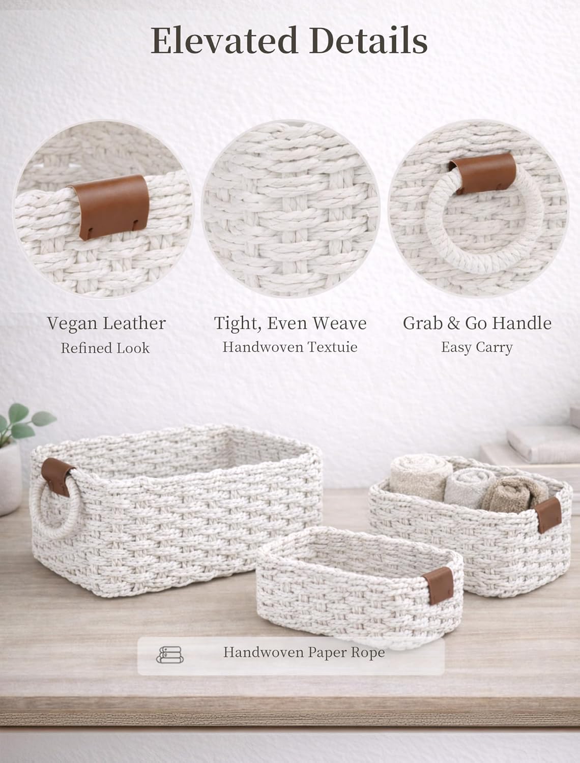 Storage Basket, Recycled Paper Rope Bathroom Basket Organizer, 3Pcs Small Baskets for Organizing, Mini wicker Basket for Decorative Storage Bins, Shelves, Bathroom, Cabinet - White