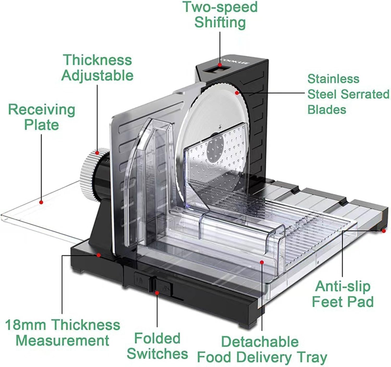 Affettatrice pieghevole per carne con spessore regolabile da 0 a 18 mm