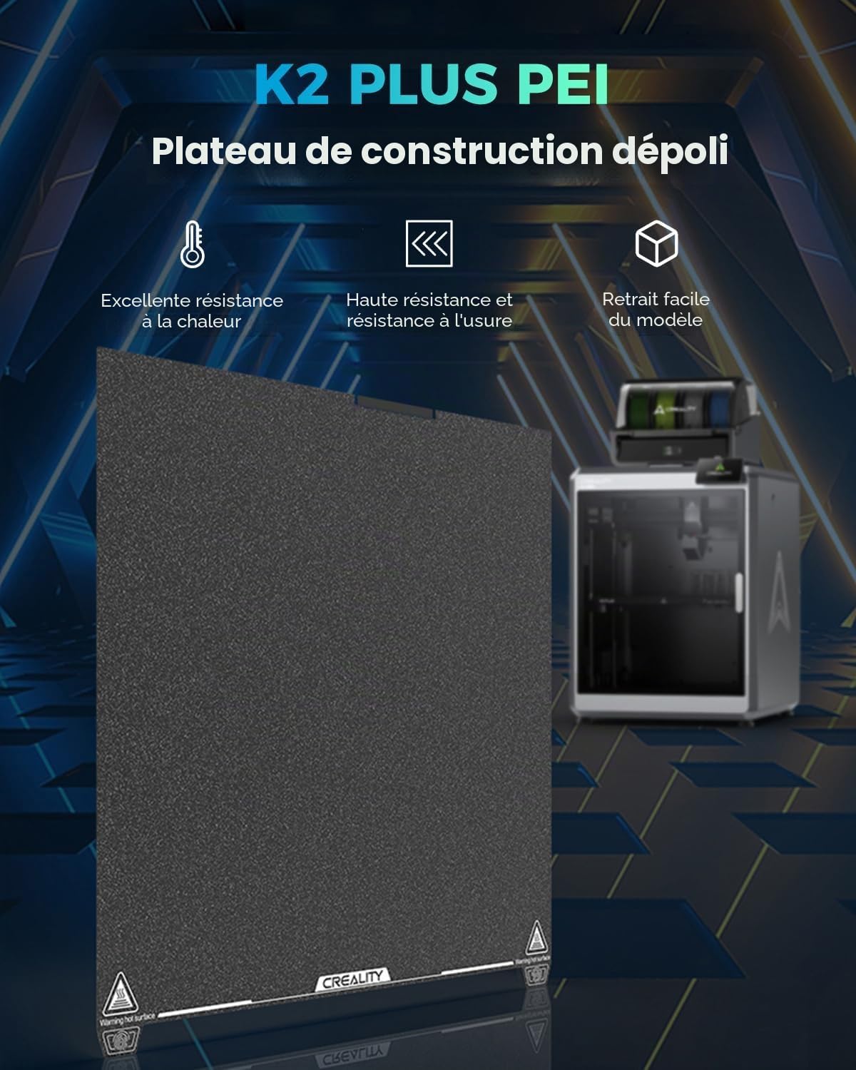 Creality Officielle K2 Plus Texturée PEI Plaque 370x370 mm, Plaque Magnétique Flexible Amovible en Acier à Ressort pour K2 Plus Imprimante 3D
